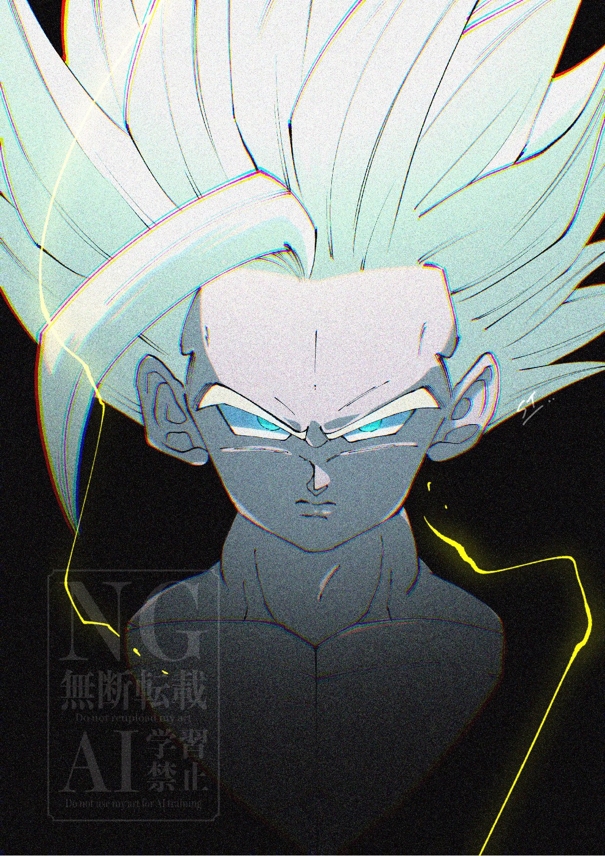 stktik09060906, son gohan, dragon ball, dragonball z, highres, 1boy, black background, blonde hair, electricity, green eyes, male focus, medium hair, muted color, simple background, solo, spiked hair, super saiyan, super saiyan 2, upper body, watermark