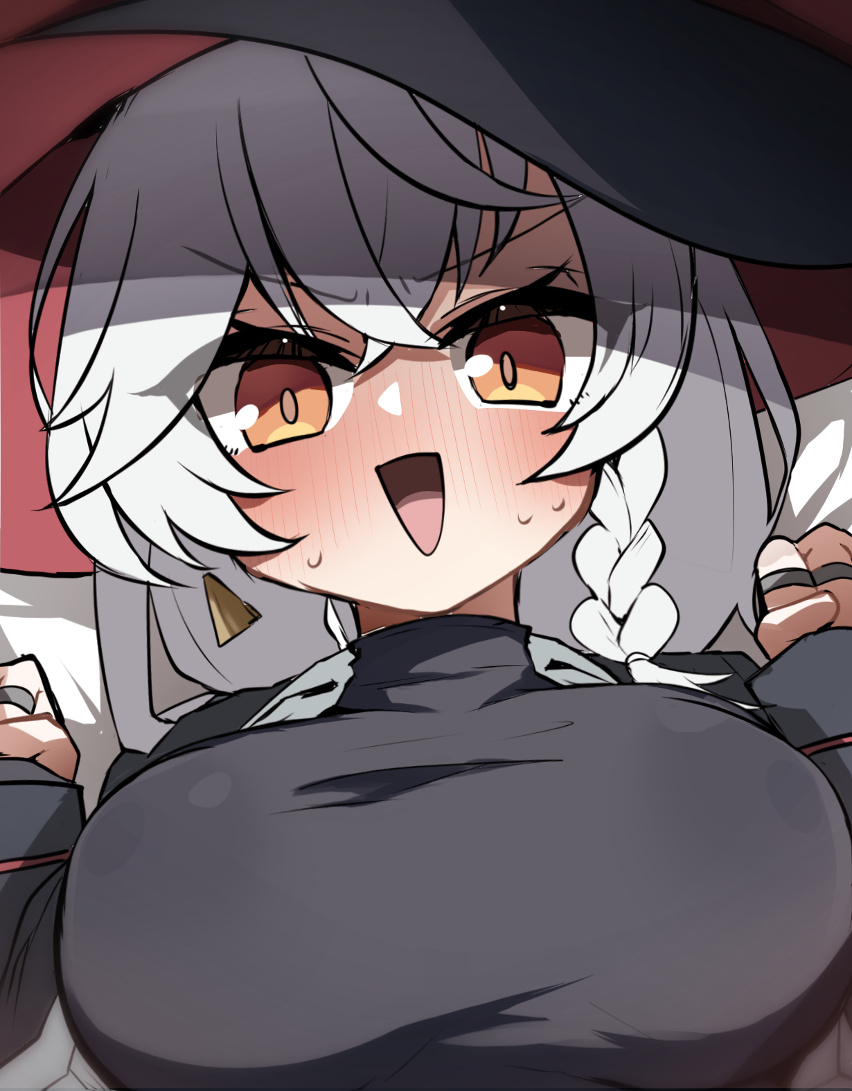 takasaki aneki, eri (blue archive), blue archive, commentary request, highres, 1girl, :d, alternate costume, black hat, black shirt, blush, braid, breasts, brown eyes, clenched hands, crossed bangs, embarrassed, eyes visible through hair, grey hair, hair between eyes, hands up, hat, jewelry, large breasts, long hair, long sleeves, looking at viewer, multiple rings, nose blush, open mouth, ring, shirt, single braid, smile, solo, sweatdrop, upper body, v-shaped eyebrows, witch hat