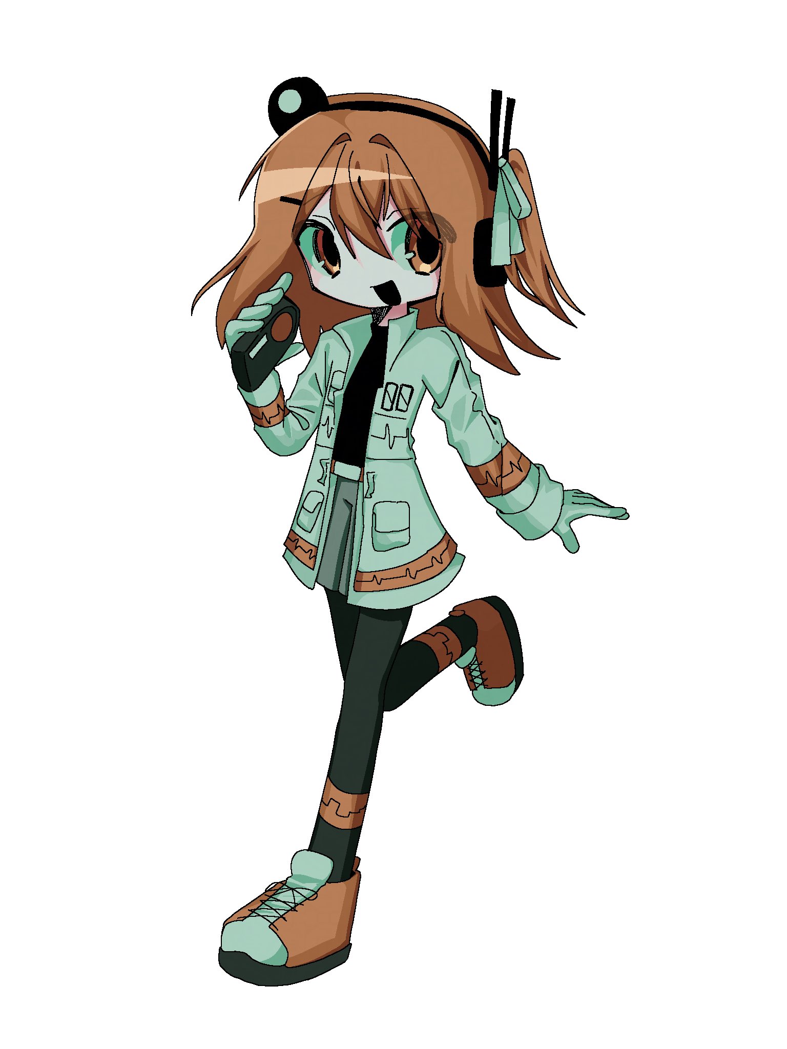sn (sn utu00), adachi rei, a.i. voice, utau, highres, 1girl, black pantyhose, full body, hand up, holding, jacket, long sleeves, looking at viewer, medium hair, one side up, open clothes, open jacket, open mouth, orange eyes, orange hair, orange shoes, pantyhose, shoes, simple background, smile, solo, standing, white background, white jacket