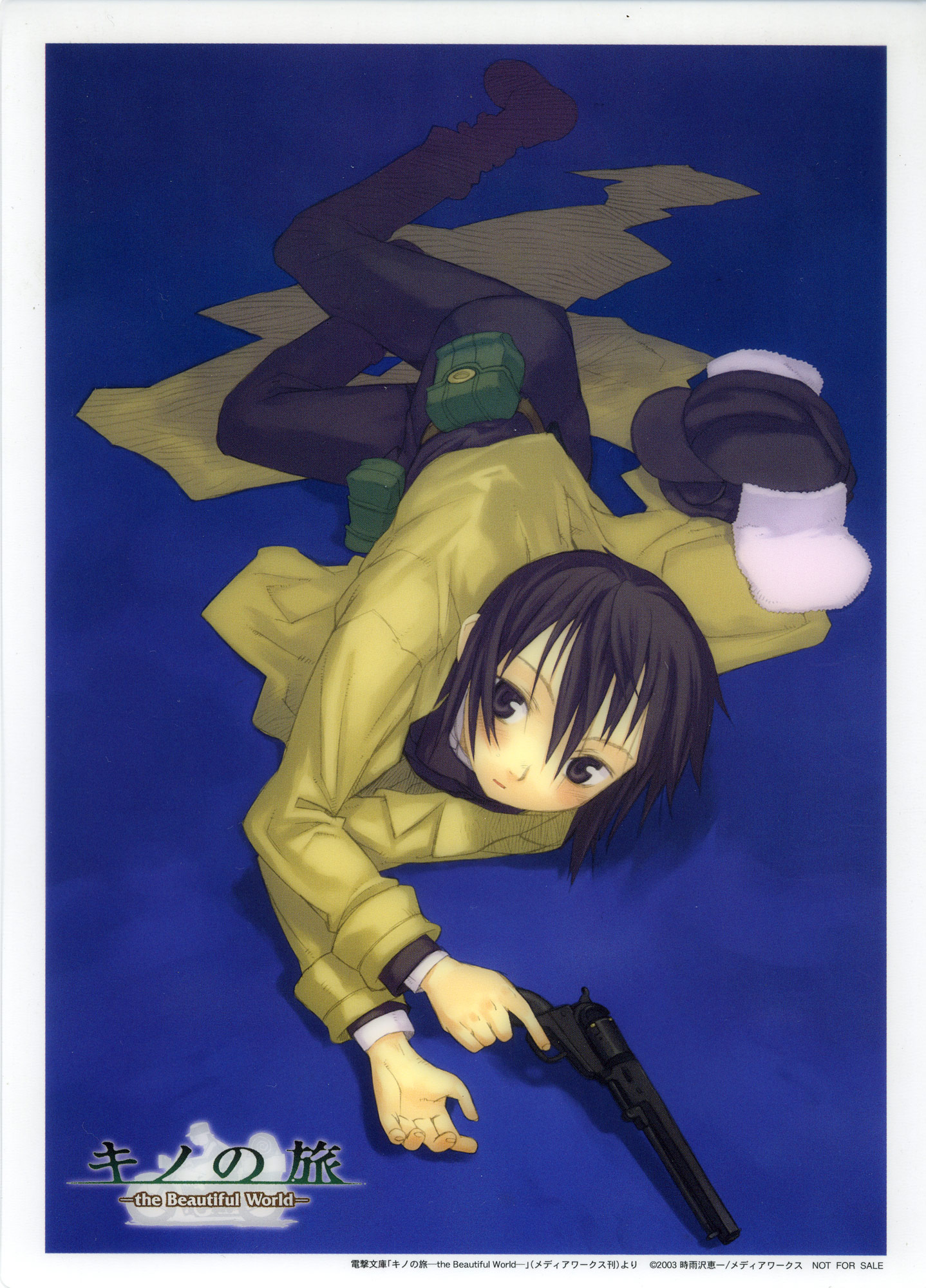 kuroboshi kouhaku, kino (kino no tabi), kino no tabi, highres, 00s, 1girl, androgynous, female focus, fur hat, gun, handgun, hat, lying, reverse trap, revolver, shitajiki, solo, weapon