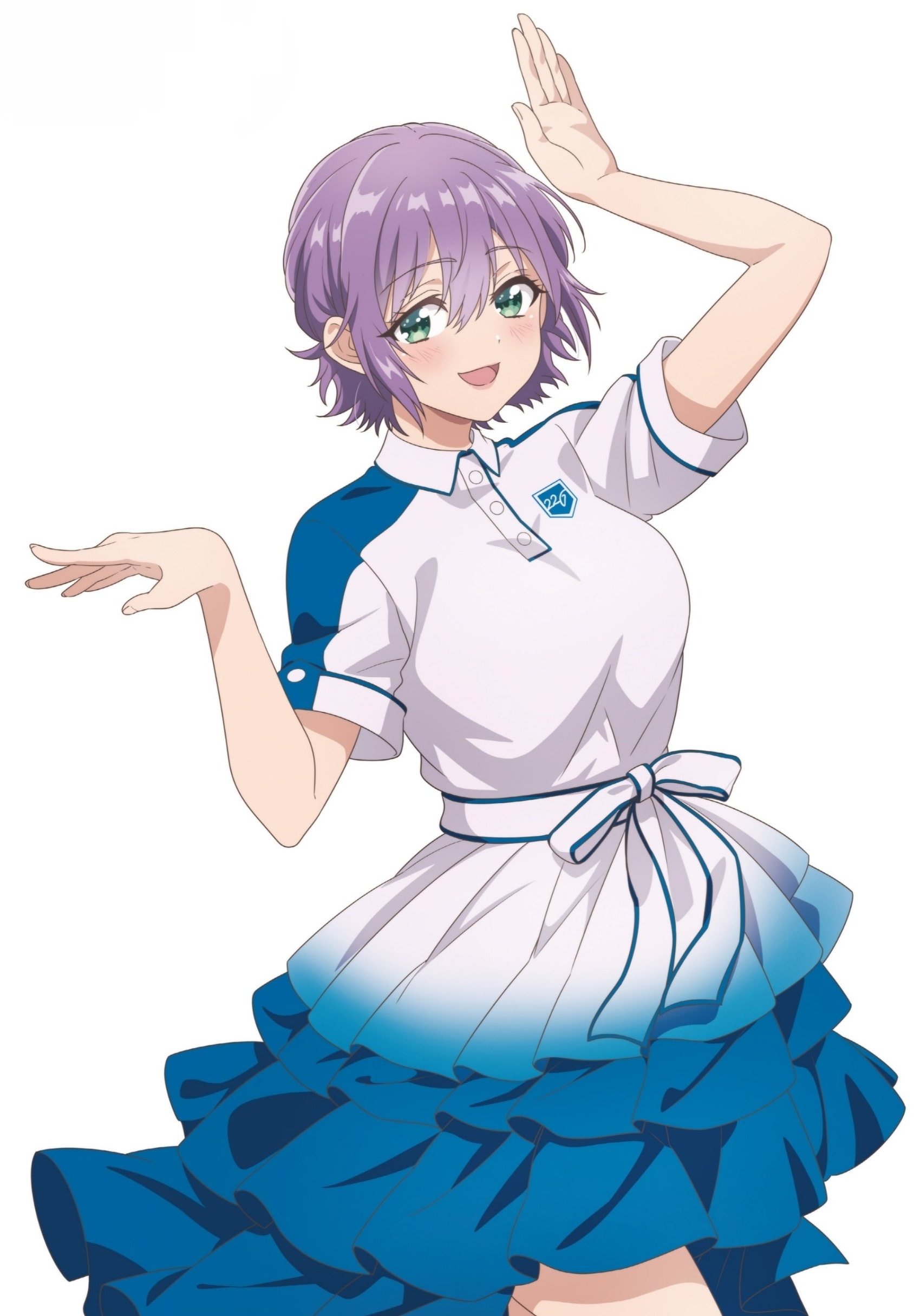 segawa hiro, kakkou no iinazuke, megami magazine, absurdres, highres, official art, tagme, 1girl, blush, dancing, green eyes, purple hair, smile