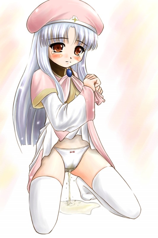 katsuragi niya, azmaria hendric, chrno crusade, 1girl, albino, beret, blush, bow, bow panties, brooch, clothes lift, cross, dress, dress lift, embarrassed, feet, female focus, flat chest, hat, jewelry, kneeling, long hair, midriff, multicolored dress, nun, orange eyes, panties, parted bangs, pee, peeing, peeing self, pink hat, purposeful wetting, red eyes, skirt, skirt lift, solo, tears, thighhighs, underwear, wet, wet clothes, wet panties, white hair, white panties, white thighhighs, zettai ryouiki