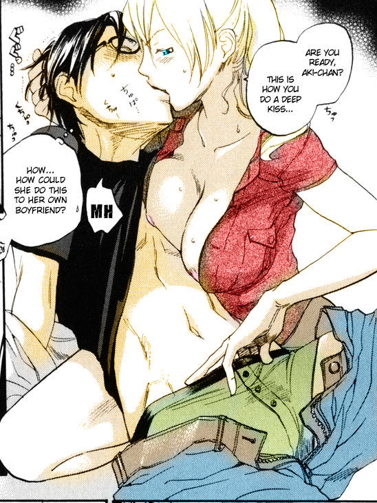yonekura kengo, blonde hair, blue eyes, breasts, kiss, large breasts, nipples