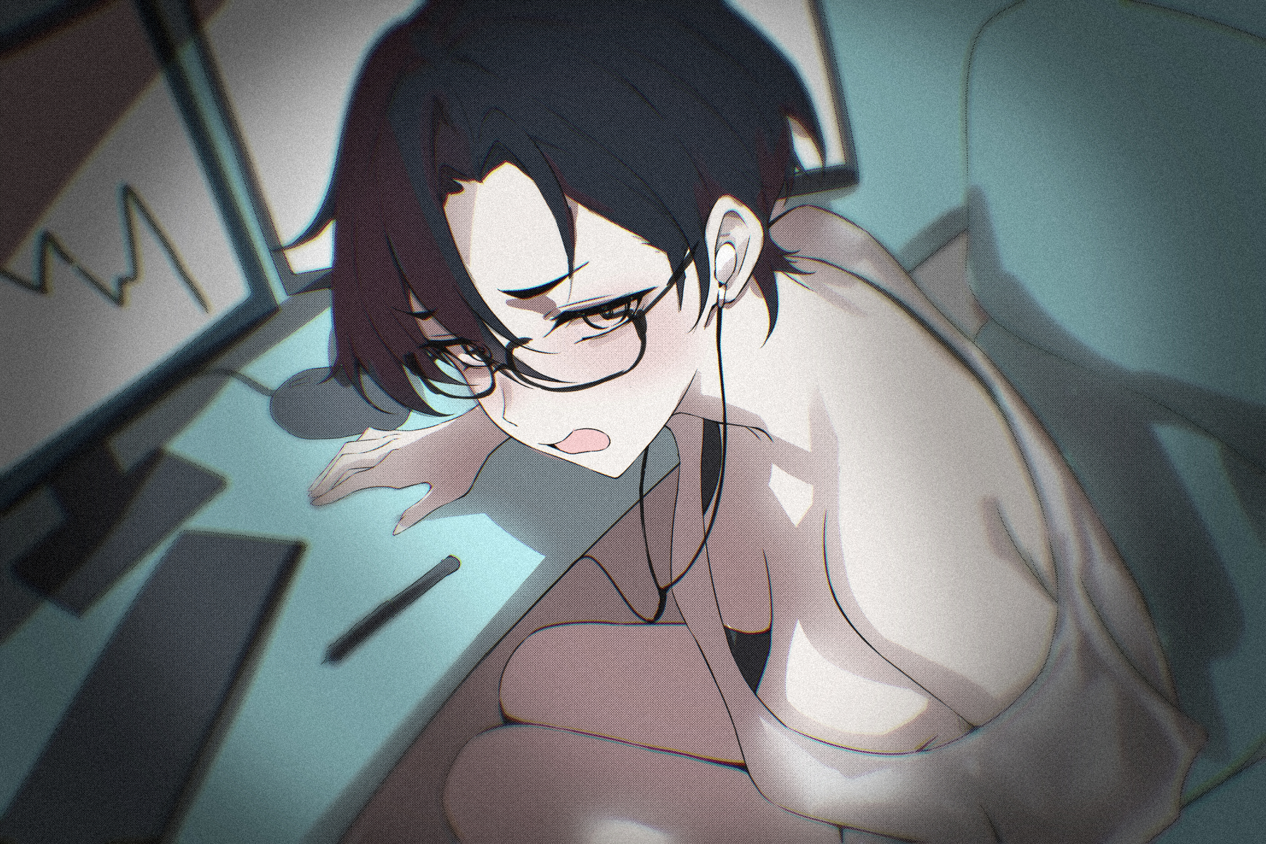 ei (eiei e1), original, commentary, highres, 1girl, bare shoulders, black-framed eyewear, breasts, brown eyes, cleavage, from above, glasses, looking at viewer, medium breasts, monitor, open mouth, shirt, short hair, sitting, solo, stylus, thighs, white shirt