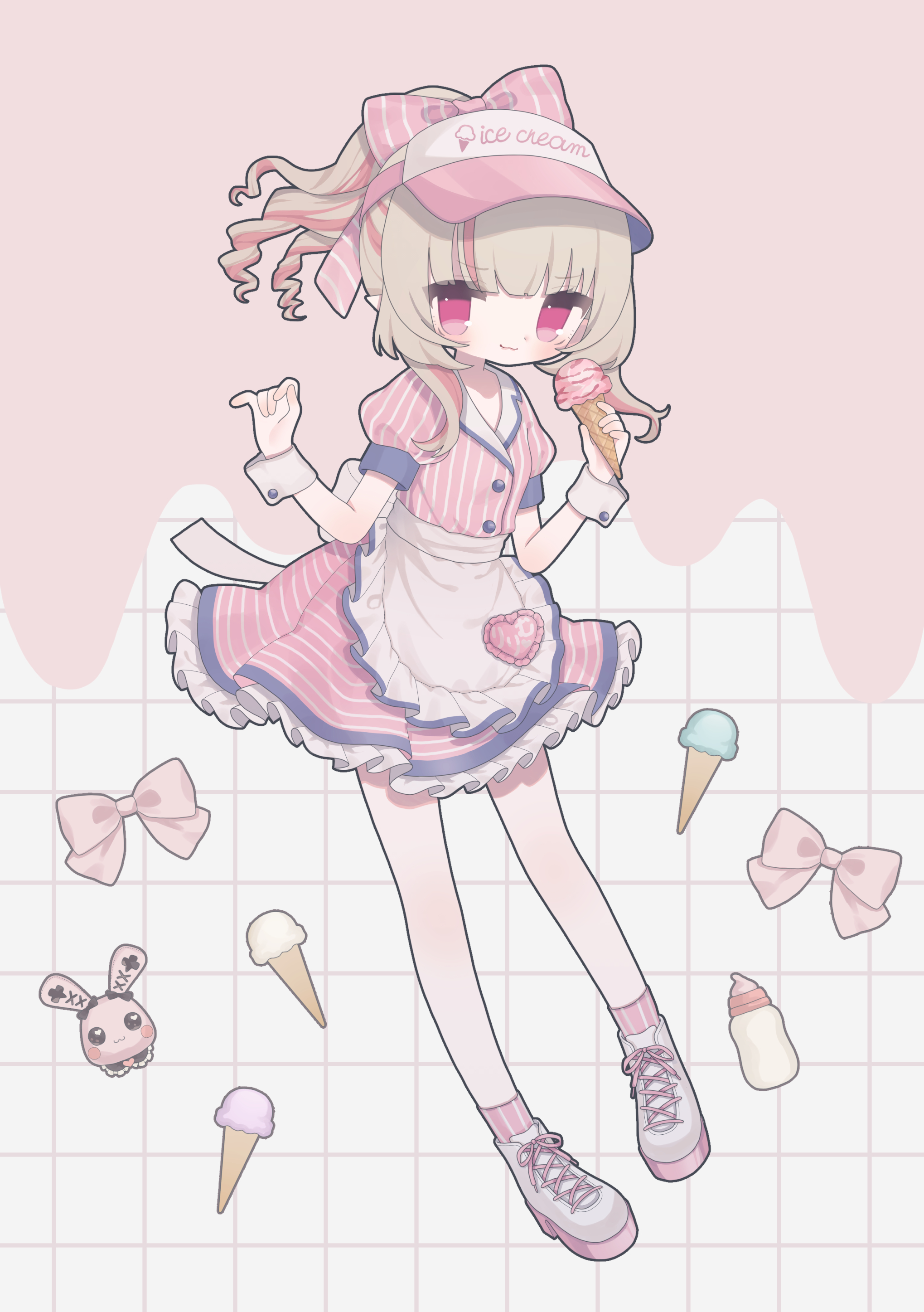 kuma kubo3, makaino ririmu, nijisanji, absurdres, highres, 1girl, ankle boots, ankle socks, apron, baby bottle, back bow, blue sleeve cuffs, blue trim, blunt bangs, boots, bottle, bow, breasts, closed mouth, colored inner hair, drill hair, drill ponytail, floating hair, food, frilled skirt, frills, full body, grey hair, grid background, hair over shoulder, heart, holding, holding ice cream cone, ice cream, ice cream cone, jacket, lapels, looking at viewer, multicolored hair, name tag, official alternate costume, official alternate hairstyle, pink background, pink bow, pink hair, pink jacket, pink skirt, pink socks, pointy ears, puffy short sleeves, puffy sleeves, red eyes, shoelaces, short sleeves, sidelocks, skirt, small breasts, smile, socks, solo, standing, streaked hair, striped bow, striped clothes, striped jacket, striped skirt, striped socks, stuffed animal, stuffed rabbit, stuffed toy, v-shaped eyebrows, vertical-striped bow, vertical-striped clothes, vertical-striped jacket, vertical-striped socks, virtual youtuber, visor cap, w arms, waist apron, waitress, white boots, white bow, white wrist cuffs, wrist cuffs