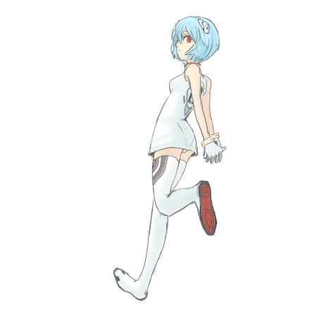 ayanami rei, neon genesis evangelion, lowres, 1girl, blue hair, boots, dress, female focus, full body, interface headset (evangelion), mecha pilot suit, panties, pantyshot, plugsuit (evangelion), red eyes, short hair, simple background, solo, thighhighs, underwear, white background