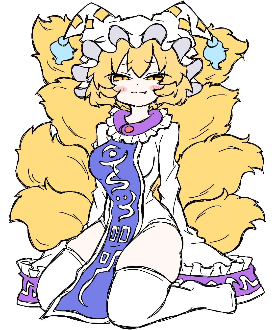 fumomono, yakumo ran, touhou, highres, 1girl, blonde hair, blue tabard, blush stickers, double-parted bangs, fang, fox girl, fox tail, full body, hat, kneeling, looking at viewer, mob cap, naughty face, short hair, simple background, sleeves past fingers, sleeves past wrists, smile, solo, tabard, tail, thighhighs, thighs, white background, white thighhighs, yellow eyes