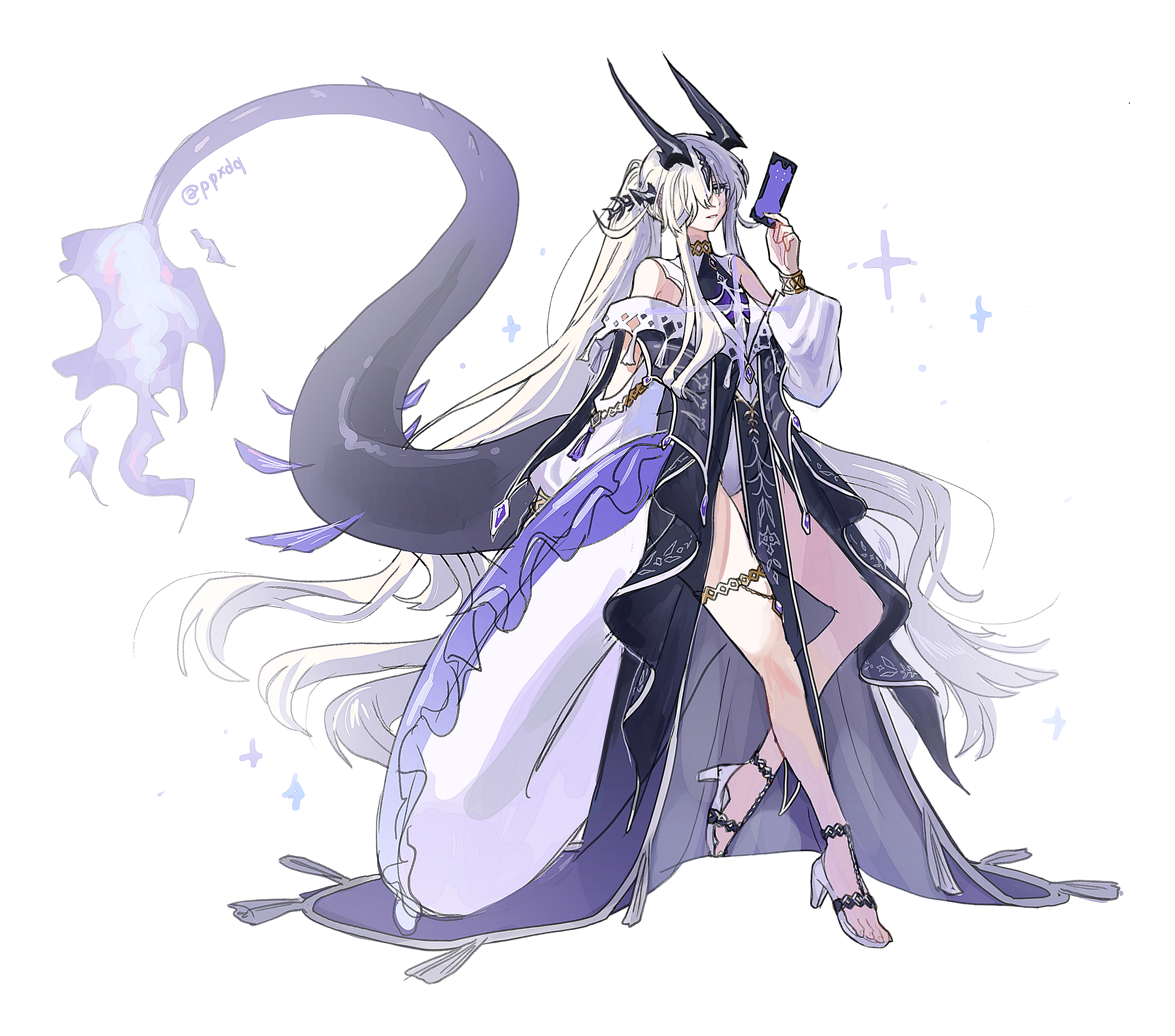 ppxdq, necrass (arknights), arknights, absurdres, chinese commentary, commentary request, highres, 1girl, black horns, black tail, bracelet, fire, flame-tipped tail, full body, grey fire, hair over one eye, holding, holding swim ring, horns, innertube, jewelry, light smile, long hair, looking at viewer, one eye covered, purple fire, purple tail, sandals, simple background, solo, standing, swim ring, tail, tassel, thigh strap, train (clothing), very long hair, white background, white eyes, white hair, white sandals