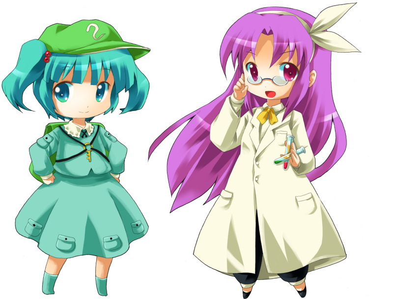 michii yuuki, asakura rikako, kawashiro nitori, phantasmagoria of dim.dream, touhou, touhou (pc-98), black footwear, 2girls, adjusting eyewear, aqua boots, aqua eyes, aqua hair, aqua shirt, aqua skirt, backpack, bag, black pants, boots, breast pocket, buttons, chibi, collar, female focus, flat cap, fringe trim, glasses, green hat, hair bobbles, hair ornament, hairband, hands on own hips, hat, key, lab coat, long coat, long hair, long sleeves, multiple girls, neck ribbon, open mouth, pants, parted bangs, pink eyes, pink hair, pocket, purple hair, ribbon, shirt, shoes, simple background, skirt, trait connection, tube, two side up, white background, white collar, white hairband, yellow ribbon