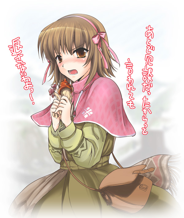 kizuki aruchu, angry, bag, blush, brown hair, hairband, handbag, holding, mushroom, open mouth, orange eyes, short hair, solo