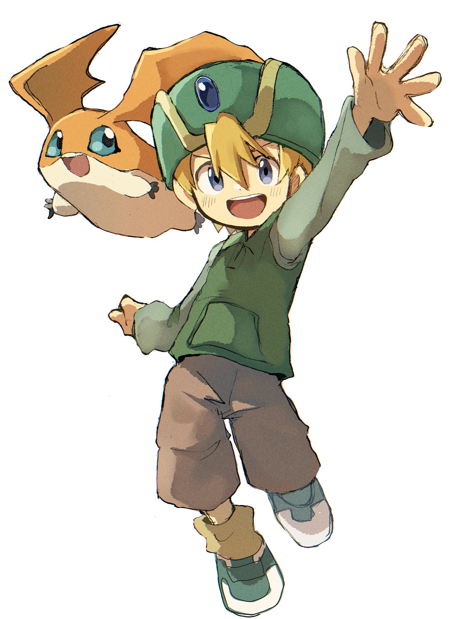 magainu, patamon, takaishi takeru, digimon, digimon adventure, highres, 1girl, blue eyes, brown shoes, full body, green hat, green shirt, hat, shirt, shoes, simple background, white background