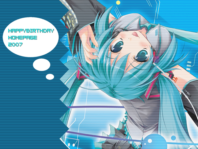 happy birthday (artist), hatsune miku, vocaloid, 00s, 1girl, 2007, :p, ahoge, aqua hair, arm up, back, black skirt, blue background, collared shirt, detached sleeves, female focus, from above, from behind, grey shirt, hair ornament, happy birthday, headphones, headset, long hair, looking at viewer, microphone, miniskirt, necktie, pleated skirt, shirt, simple background, skirt, solo, speech bubble, striped background, tattoo, thought bubble, tongue, tongue out, twintails, upper body, upside-down