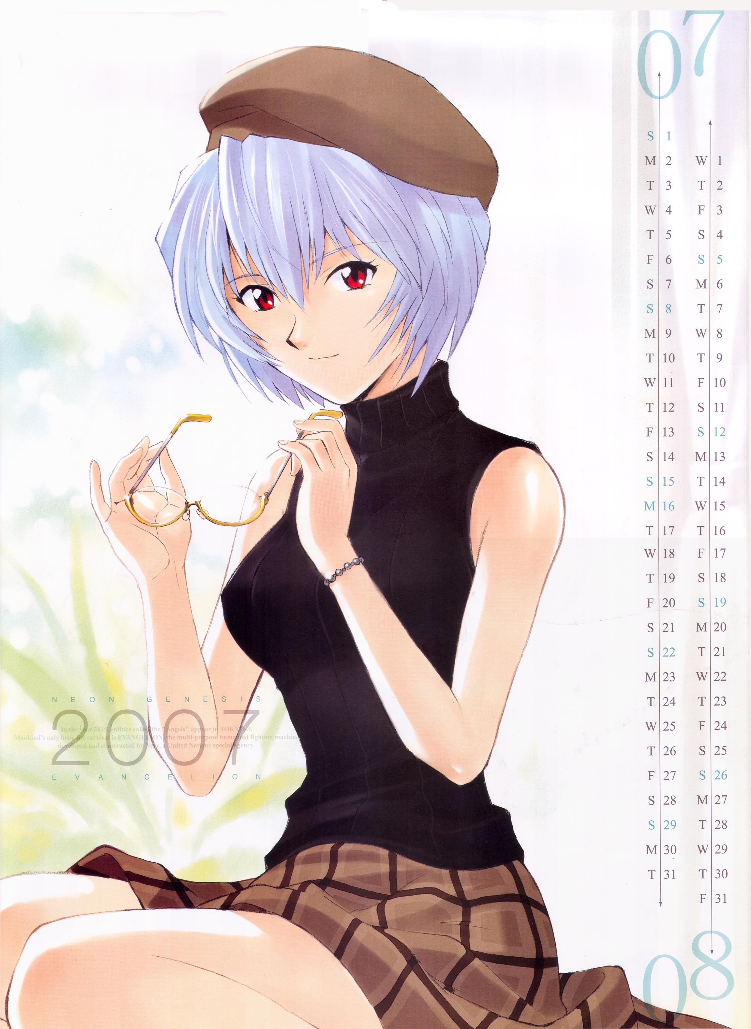 ayanami rei, neon genesis evangelion, absurdres, highres, scan, bare shoulders, beret, blue hair, bracelet, calendar, glasses, hat, jewelry, plaid clothes, plaid skirt, red eyes, short hair, skirt, sleeveless, sleeveless turtleneck, smile, solo, turtleneck