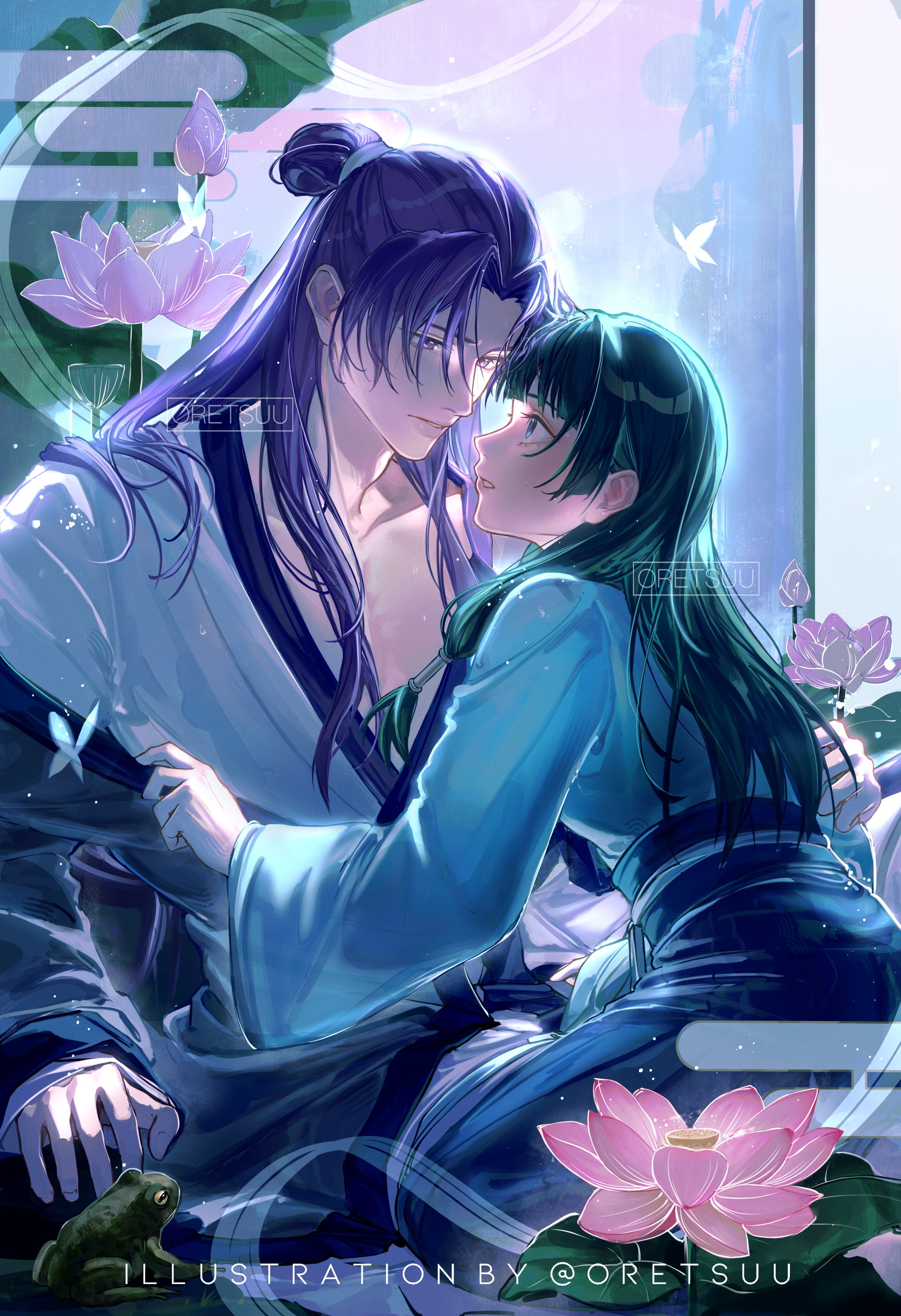 oretsuu, jinshi (kusuriya no hitorigoto), maomao (kusuriya no hitorigoto), kusuriya no hitorigoto, absurdres, commentary, english commentary, highres, 1boy, 1girl, bug, butterfly, eye contact, flower, frog, green hair, hair bun, half updo, insect, japanese clothes, kimono, long hair, looking at another, lotus, parted bangs, parted lips, profile, sash, sidelocks