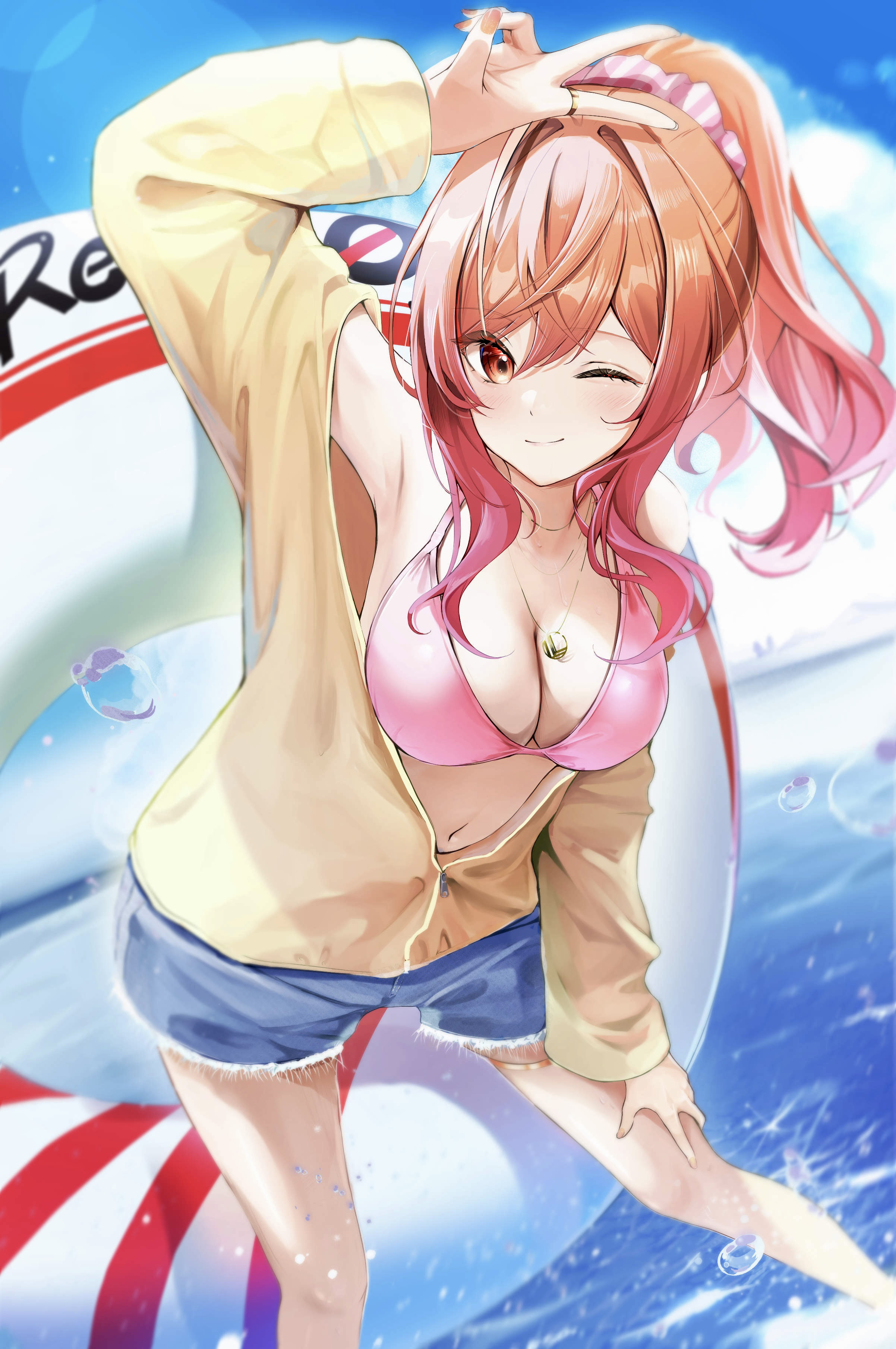 mohejiillust, ichijou ririka, hololive, absurdres, highres, 1girl, alternate costume, alternate hairstyle, bikini, blue sky, blush, breasts, cleavage, cloud, cloudy sky, denim, denim shorts, gradient hair, hair ornament, hair scrunchie, hairclip, high ponytail, jewelry, large breasts, long hair, long sleeves, looking at viewer, multicolored hair, navel, necklace, ocean, open clothes, orange eyes, orange hair, orange nails, outdoors, pink bikini, pink scrunchie, ponytail, scrunchie, shorts, sidelocks, sky, smile, solo, striped clothes, striped scrunchie, swim ring, swimsuit, v, virtual youtuber, water, water drop