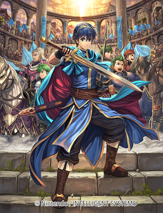 izuka daisuke, abel (fire emblem), cain (fire emblem: shadow dragon), draug (fire emblem), gordin (fire emblem), jagen (fire emblem), marth (fire emblem), fire emblem, fire emblem: mystery of the emblem, fire emblem cipher, nintendo, commentary request, official art, 6+boys, 6+others, armor, blue armor, blue eyes, blue hair, boots, brown boots, cape, company name, green eyes, green hair, grey hair, holding, holding polearm, holding sword, holding weapon, horse, horseback riding, male focus, multiple boys, multiple others, old, old man, open mouth, polearm, purple armor, red hair, riding, sheath, short hair, sword, tiara, two-sided cape, two-sided fabric, unsheathed, weapon