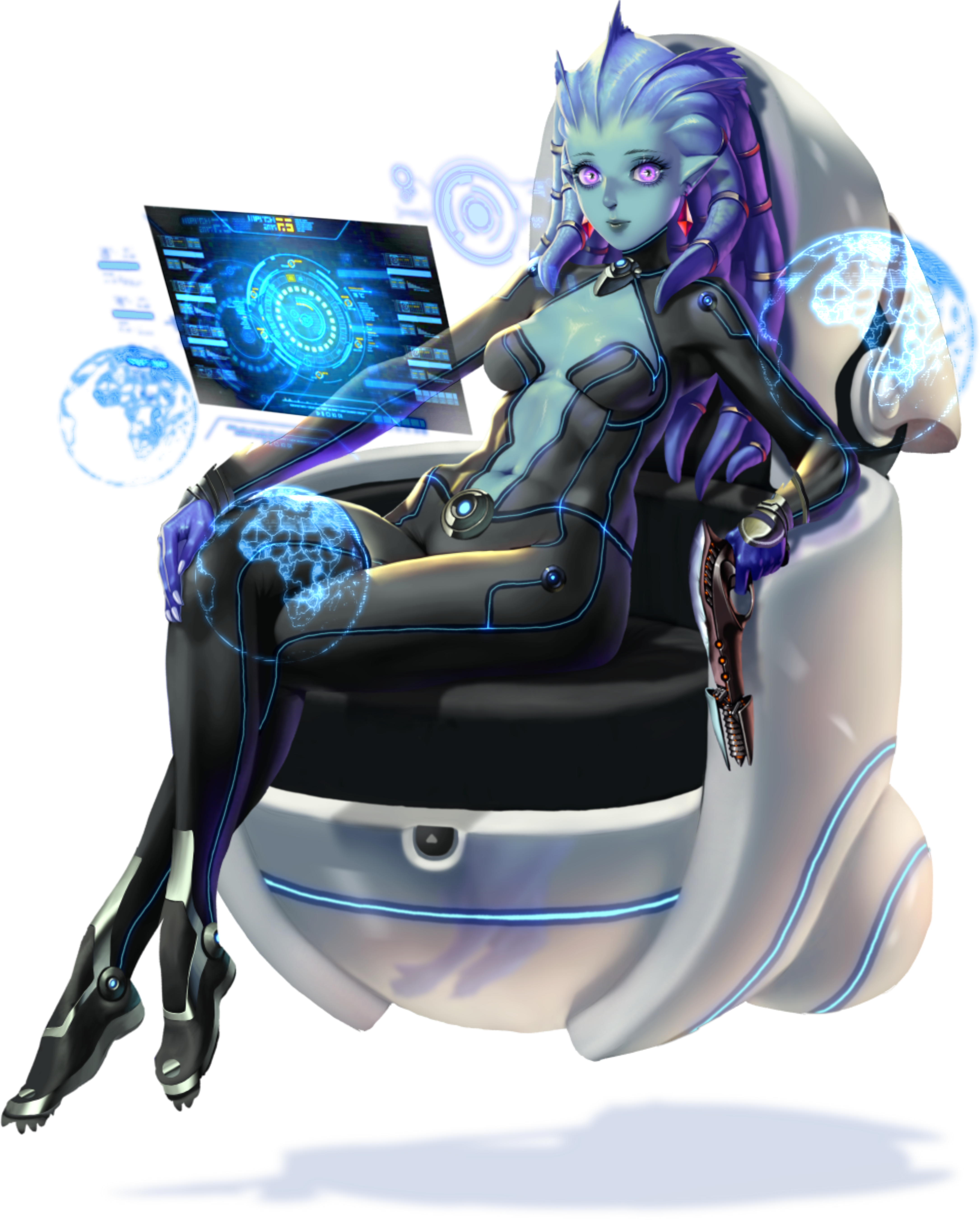 crystal maiden (series), absurdres, artist request, game cg, highres, official art, variant set, 1girl, blue skin, breasts, center opening, cleavage, colored skin, earrings, earth (planet), floating, full body, gun, hand on own knee, holding, holding gun, holding weapon, jewelry, long sleeves, navel, pink eyes, planet, pointy ears, sephira (crystal maidens), sitting, solo, tentacle hair, transparent background, weapon
