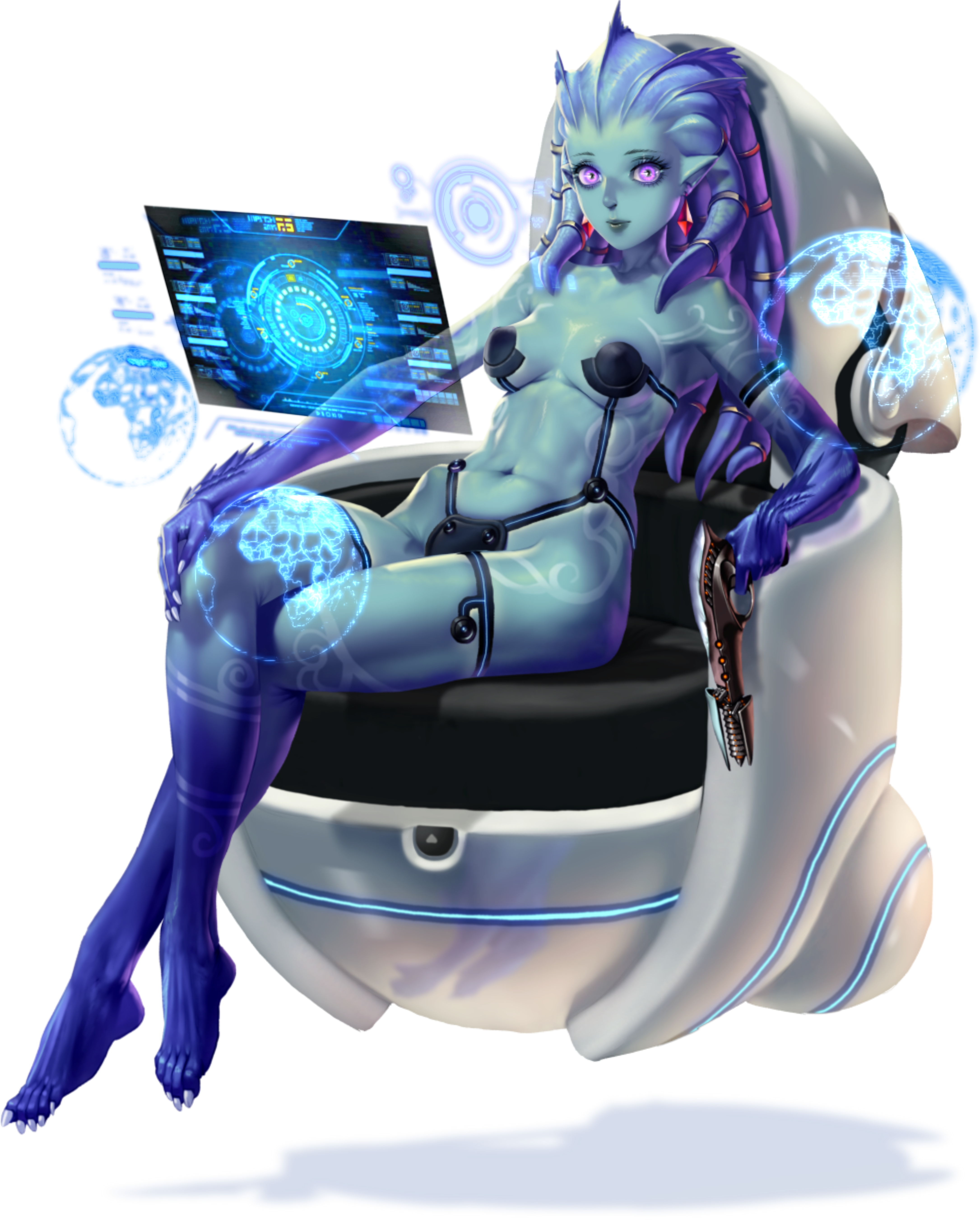crystal maiden (series), absurdres, artist request, game cg, highres, official art, variant set, 1girl, blue skin, breasts, cleavage, colored skin, earrings, earth (planet), floating, full body, gun, hand on own knee, holding, holding gun, holding weapon, jewelry, navel, pink eyes, planet, pointy ears, sephira (crystal maidens), sitting, solo, tattoo, tentacle hair, transparent background, underwear, weapon