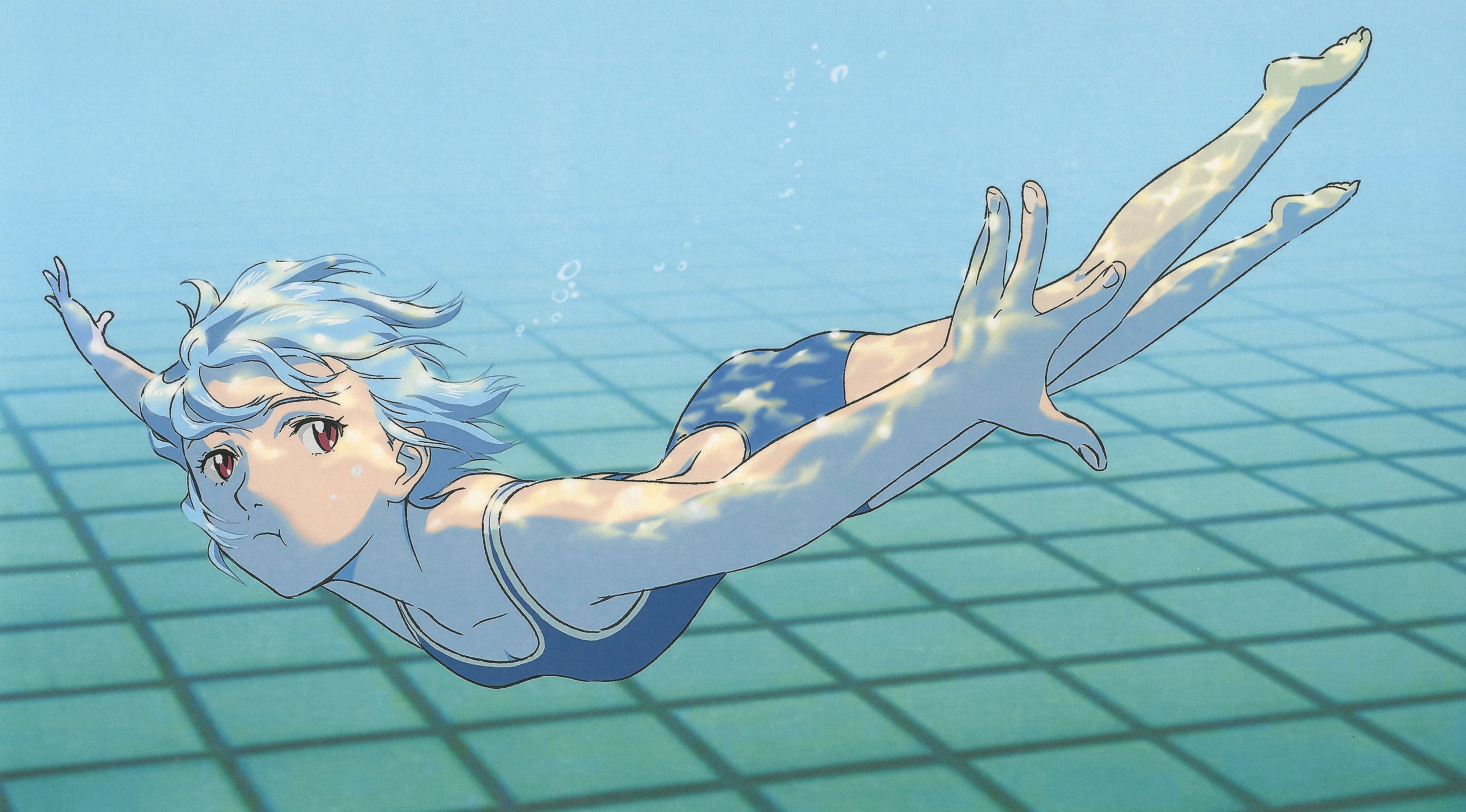 tsurumaki kazuya, ayanami rei, neon genesis evangelion, highres, scan, 1girl, :t, barefoot, blue hair, blue one-piece swimsuit, breasts, bubble, caustics, female focus, foreshortening, from side, holding breath, one-piece swimsuit, outstretched arms, pale skin, pool, red eyes, short hair, small breasts, solo, spread arms, swimming, swimsuit, underwater