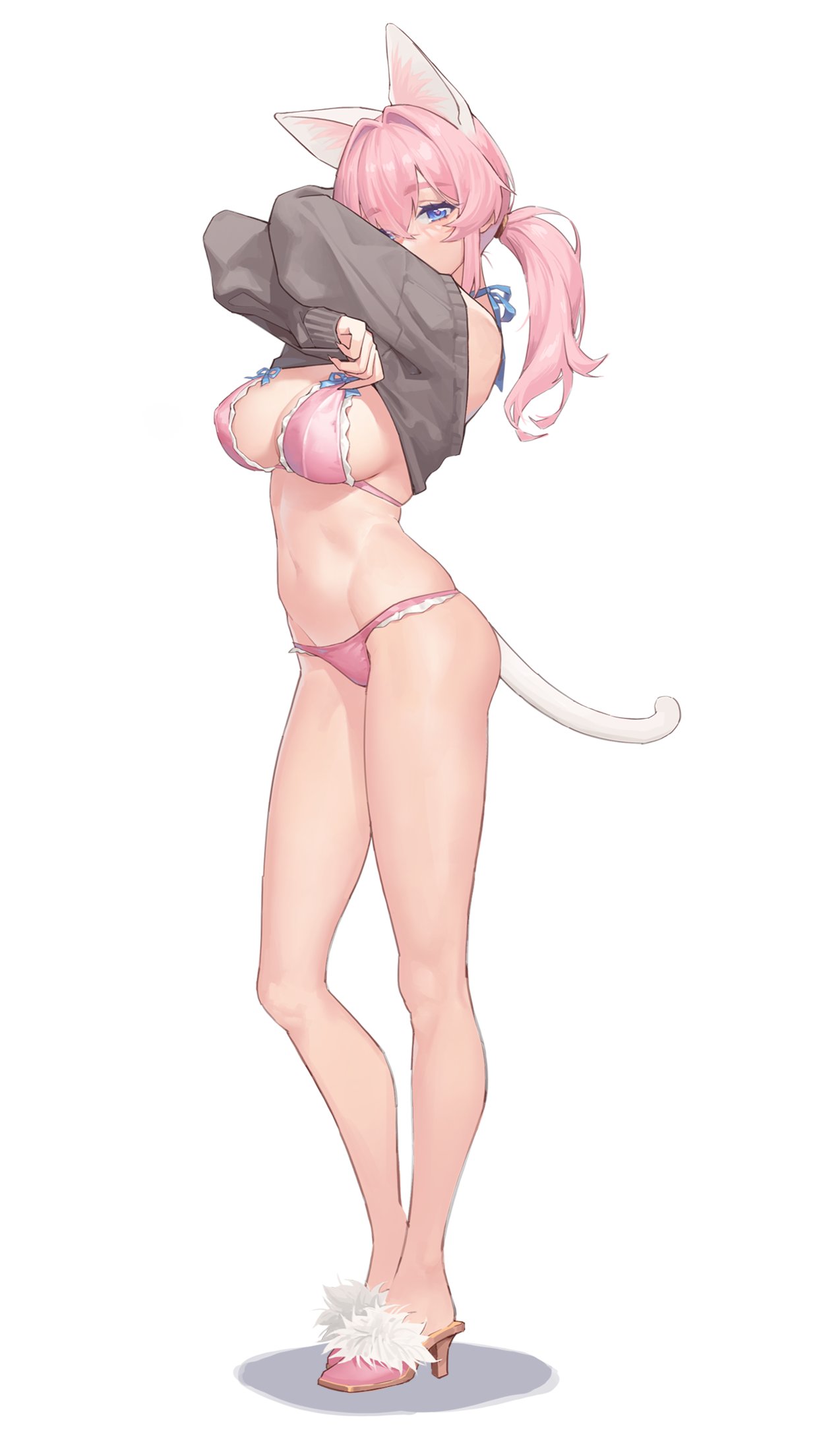 fiodo, original, commentary, highres, symbol-only commentary, animal ears, blue bow, blue eyes, bow, bra, breasts, cat ears, cat girl, cat tail, clothes lift, frills, full body, hair between eyes, high heels, large breasts, looking at viewer, multicolored hair, panties, pink bra, pink hair, pink panties, pink shoes, ponytail, shirt, shoes, simple background, sweater, tail, underwear, white background, white shirt