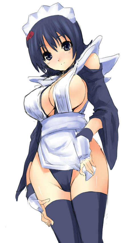 goban, iroha (samurai spirits), samurai spirits, 1girl, breasts, cleavage, female focus, large breasts, maid, sideboob, solo, thighhighs