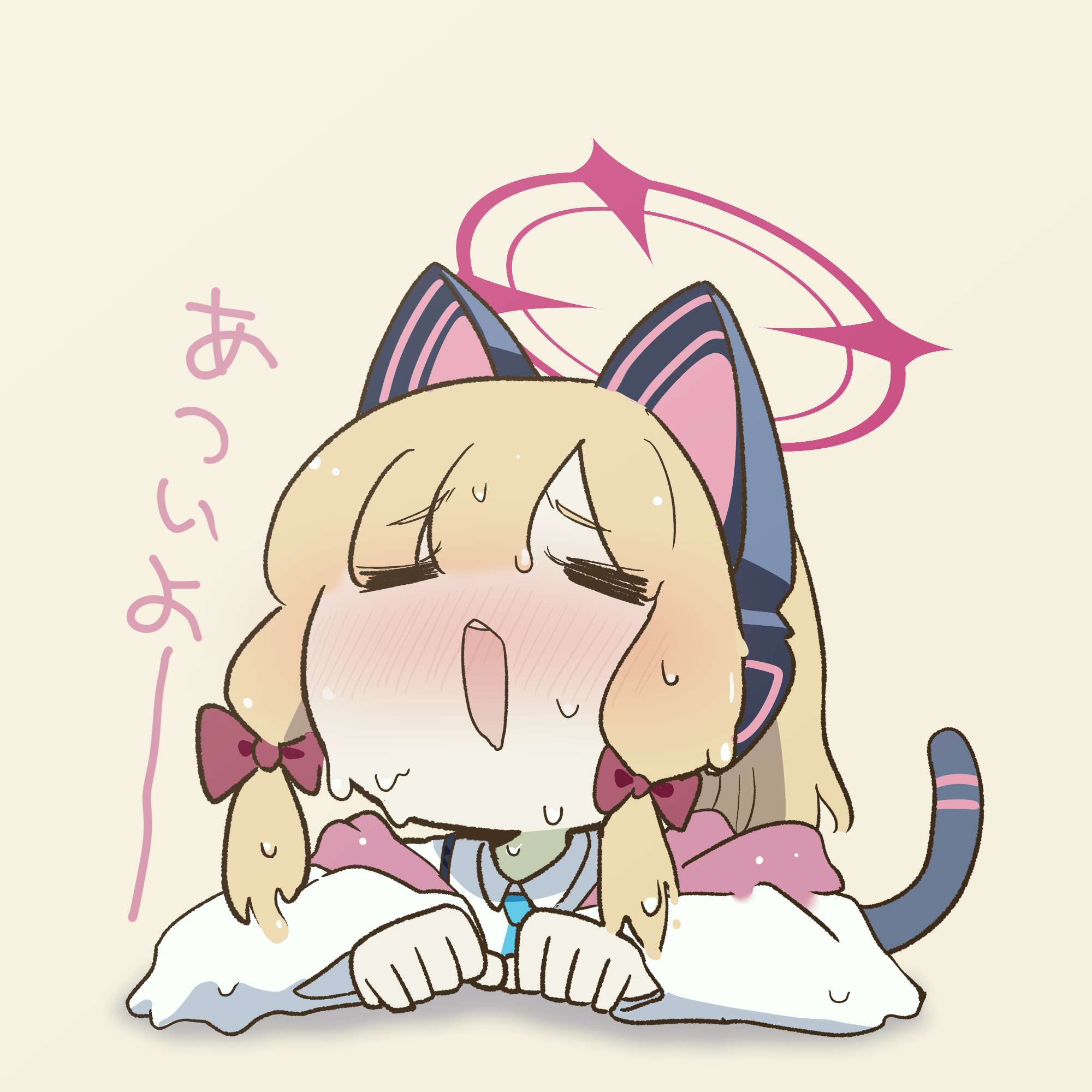 kyousuke (orcein), momoi (blue archive), blue archive, highres, translation request, 1girl, animal ear headphones, animal ears, blonde hair, blush, bow, cat ear headphones, closed eyes, fake animal ears, hair bow, halo, headphones, long sleeves, melting, open mouth, red bow, red halo, shirt, simple background, solo, white shirt, yellow background