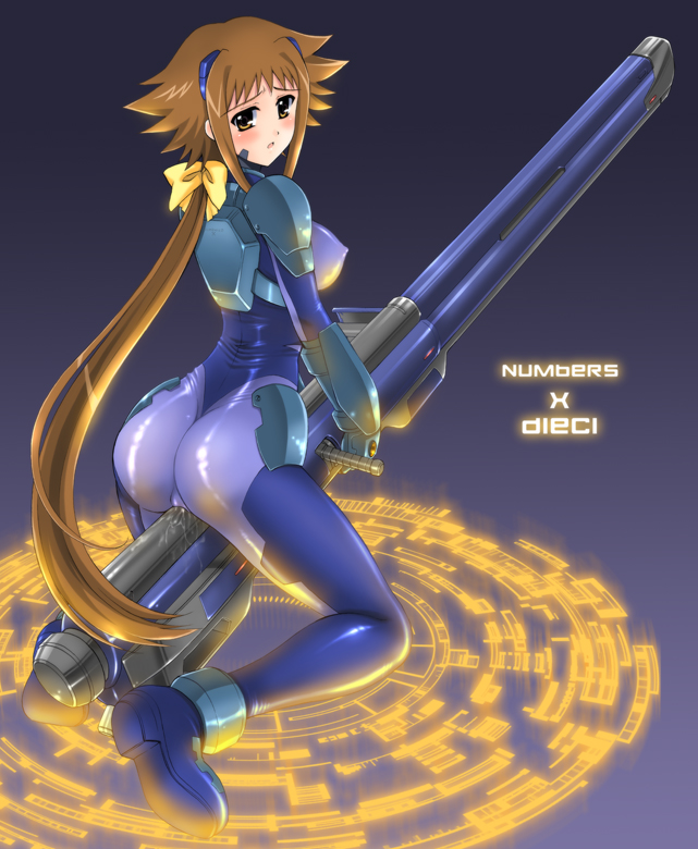 kamogawa tanuki, dieci (nanoha), numbers (nanoha), lyrical nanoha, mahou shoujo lyrical nanoha, mahou shoujo lyrical nanoha strikers, 00s, 1girl, ass, between legs, blue bodysuit, blush, bodysuit, breasts, brown eyes, brown hair, covered erect nipples, crotch rub, female focus, gun, hair ornament, large breasts, latex, looking at viewer, pussy juice, solo, weapon