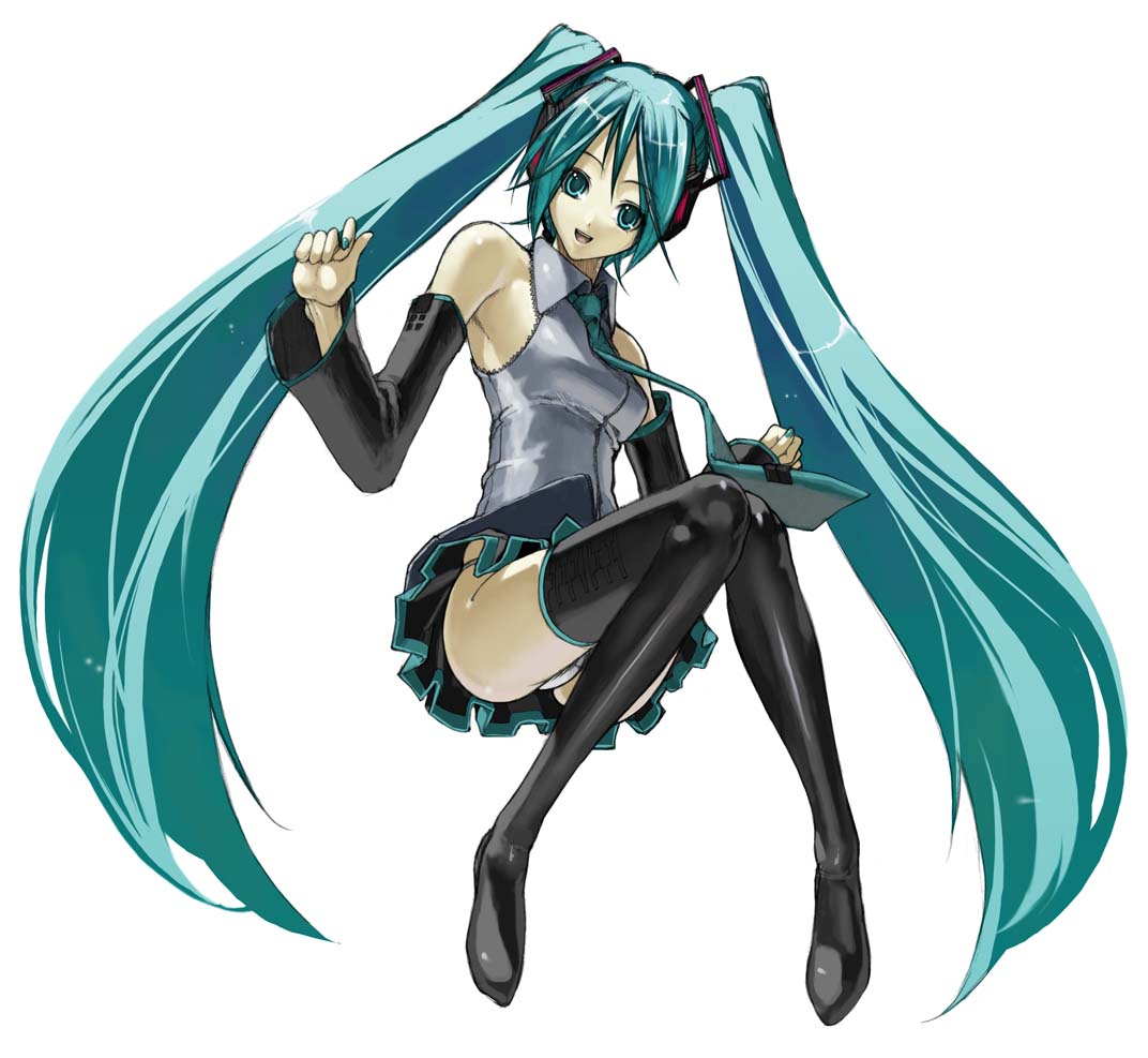 nakabayashi reimei, hatsune miku, vocaloid, 1girl, aqua eyes, aqua hair, female focus, long hair, necktie, panties, pantyshot, simple background, skirt, solo, thighhighs, twintails, underwear, very long hair