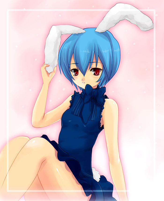 ayanami rei, neon genesis evangelion, animal ears, blue hair, bow, dress, legs, rabbit ears, rabbit tail, red eyes, short hair, solo, tail