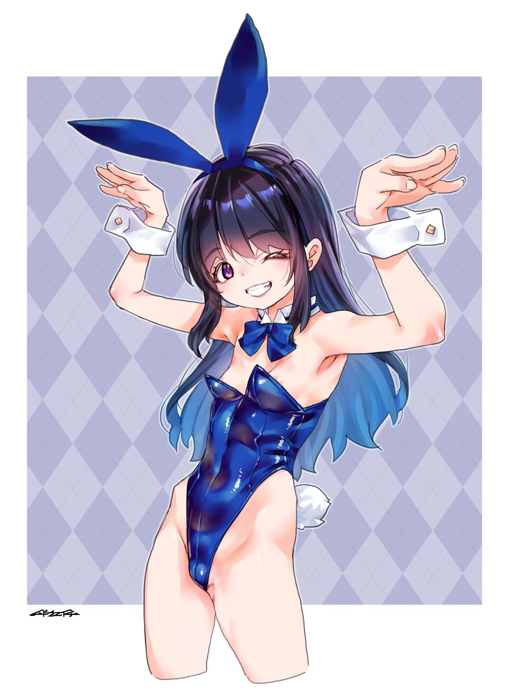 mudou eichi, original, highres, animal ear hairband, animal ears, arms up, blue hair, blue leotard, fake animal ears, hairband, leotard, multicolored hair, patterned background, playboy bunny, purple eyes, rabbit ear hairband, rabbit ears, rabbit tail, solo, tail