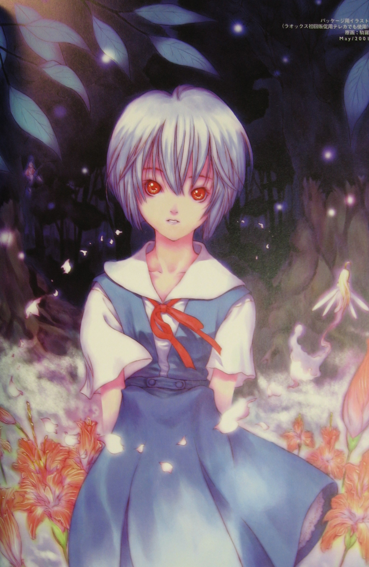 kiran (kiranpln), ayanami rei, neon genesis evangelion, highres, blue hair, cherry blossoms, flower, forest, nature, red eyes, school uniform, serafuku, short hair, solo
