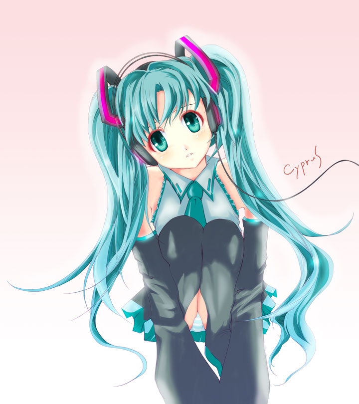 cyprus (circle), hatsune miku, vocaloid, aqua eyes, aqua hair, detached sleeves, headphones, long hair, necktie, panties, pantyshot, sitting, solo, thighhighs, twintails, underwear