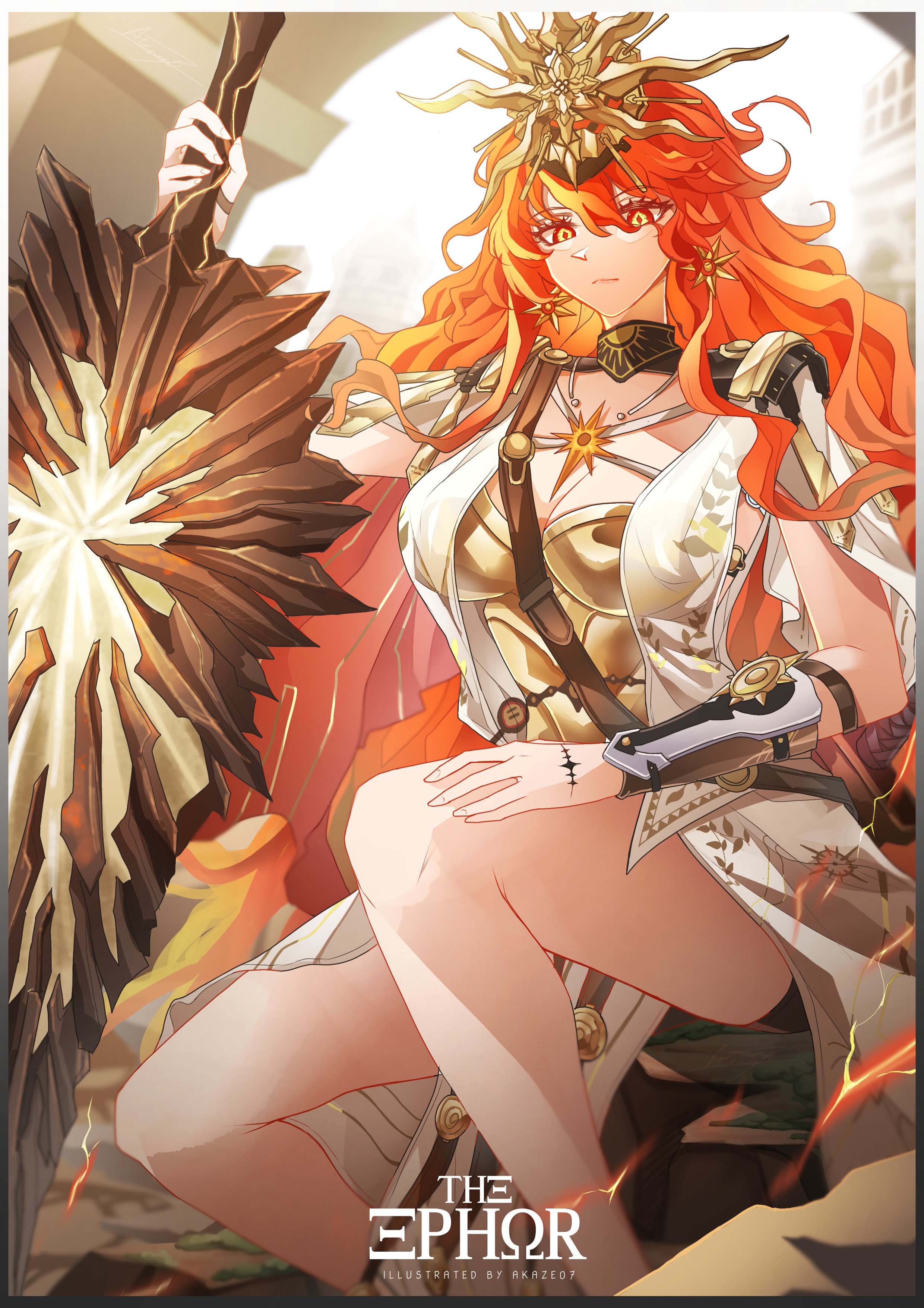 akaze07, augusta (wuthering waves), wuthering waves, absurdres, commentary, highres, 1girl, ancient greek clothes, arm armor, armor, artist name, black collar, breastplate, breasts, cleavage, closed mouth, collar, dress, earrings, electricity, greatsword, greco-roman clothes, hair between eyes, headgear, holding, holding sword, holding weapon, jewelry, long hair, looking at viewer, medium breasts, orange eyes, orange hair, solo, sun earrings, sun necklace, sword, tacet mark (wuthering waves), thighs, very long hair, weapon, white dress
