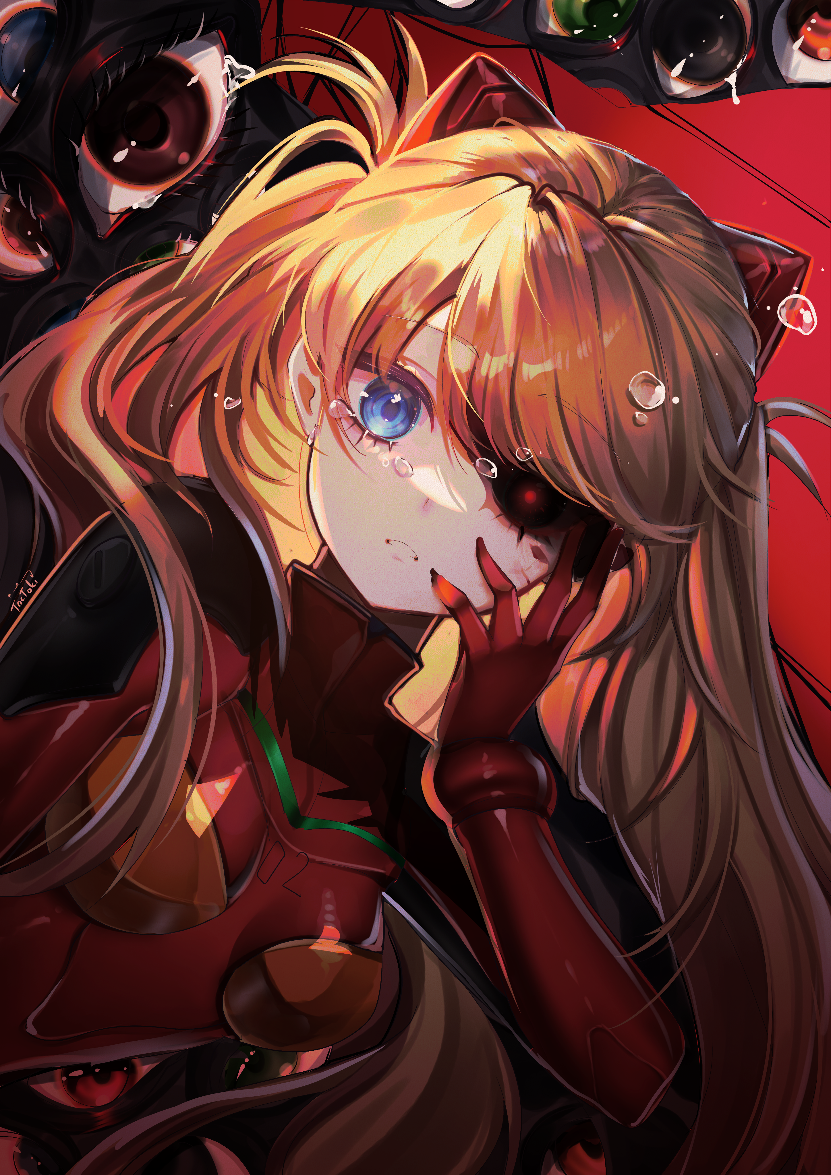 tactoki, souryuu asuka langley, neon genesis evangelion, absurdres, highres, 1girl, blue eyes, bodysuit, crying, crying with eyes open, eyepatch, grin, hair between eyes, hairpods, interface headset (evangelion), long hair, looking at viewer, lying, mecha pilot suit, on back, open mouth, orange hair, plugsuit (evangelion), red bodysuit, smile, solo, tears, upper body