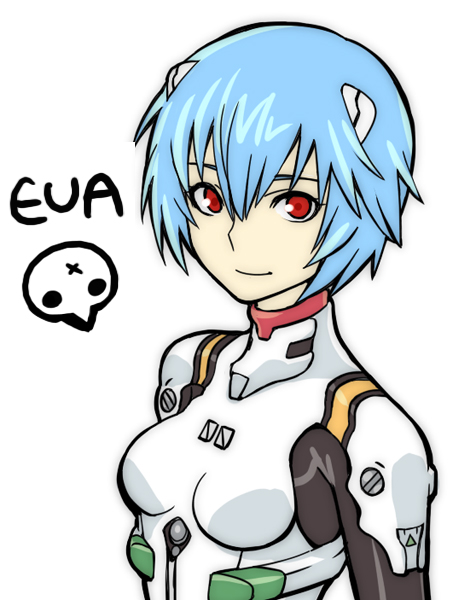 ayanami rei, neon genesis evangelion, blue hair, interface headset (evangelion), mecha pilot suit, pale skin, plugsuit (evangelion), red eyes, short hair, smile, solo