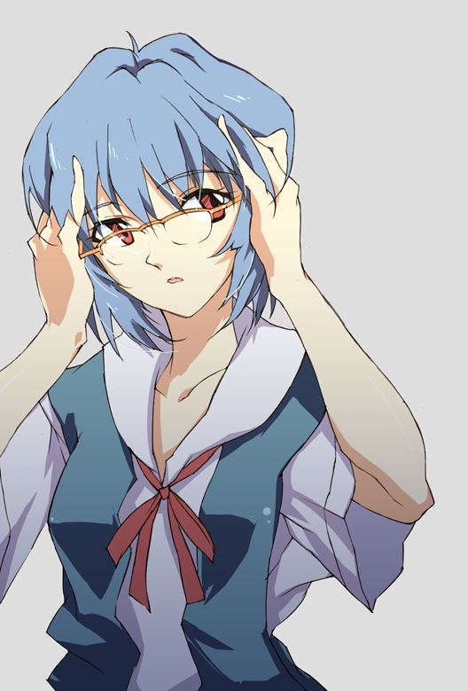 ayanami rei, neon genesis evangelion, blue hair, glasses, red eyes, school uniform, serafuku, short hair, simple background, solo
