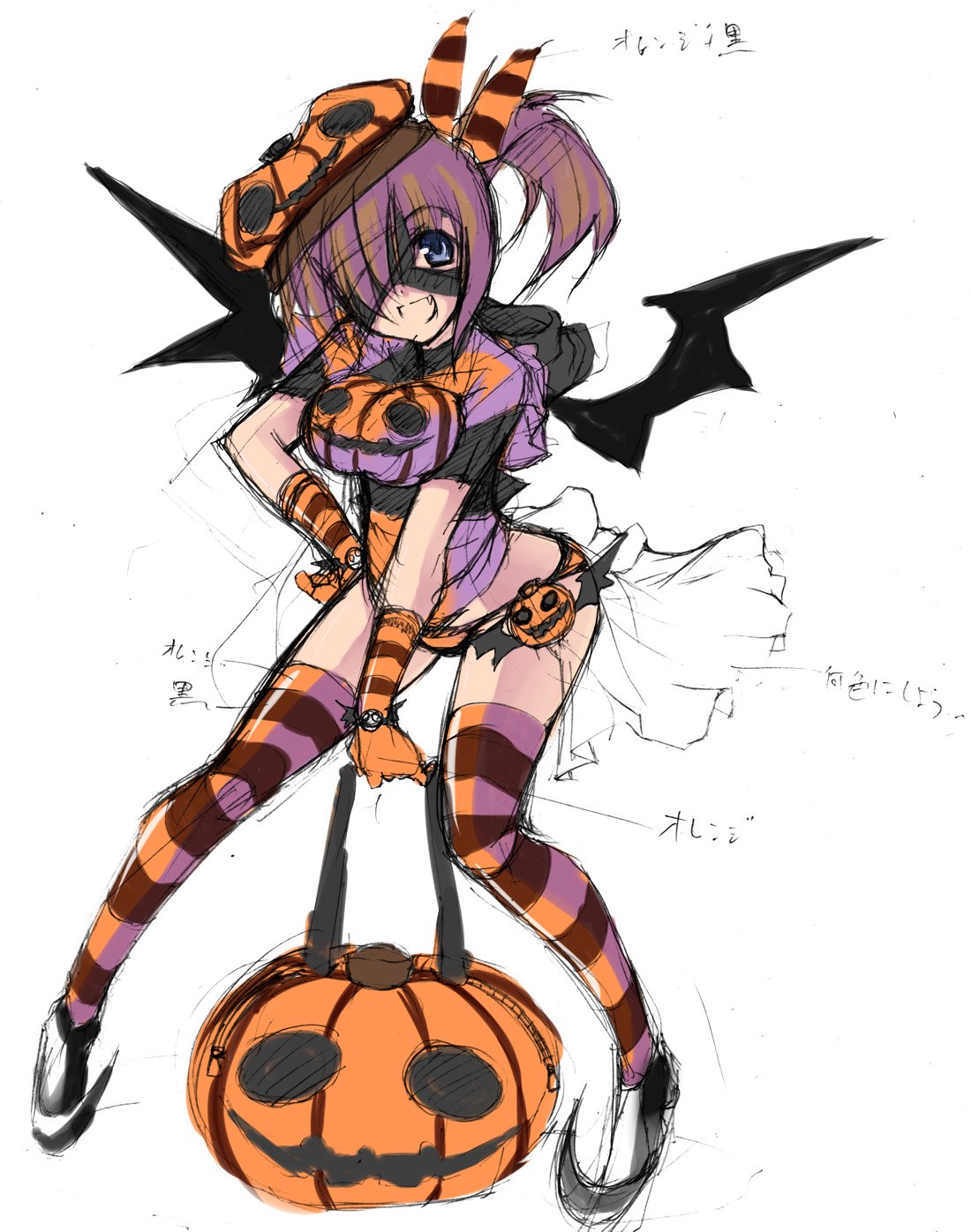 highres, 1girl, costume, female focus, jack-o'-lantern, pumpkin, pumpkin hat, sketch, solo, striped clothes, striped thighhighs, thighhighs, white background, wings