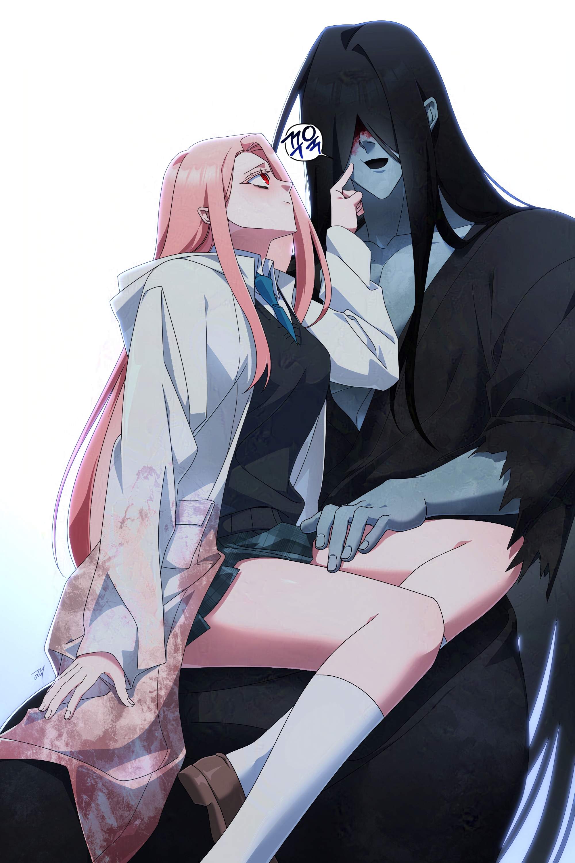 bbabbamis2, adashino adami, mr. crawling, homicipher, absurdres, commentary request, highres, korean commentary, translation request, 1boy, 1girl, black hair, black kimono, black sweater, blood, blood on clothes, blood on face, cheek poking, gradient background, hetero, hood, hood down, japanese clothes, kimono, korean text, long hair, looking at another, pink hair, poking, raincoat, red hair, school uniform, simple background, sitting, sitting on lap, sitting on person, skirt, sweater, toned, toned male, very long hair, white background