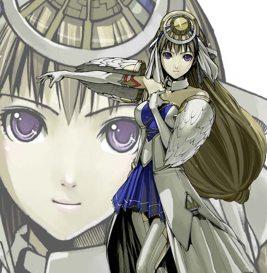 nakabayashi reimei, chroche latel pastalie, ar tonelico, ar tonelico ii, gust, 00s, 1girl, armor, armored dress, boots, breasts, detached collar, dress, female focus, solo, thighhighs, two-tone dress, white boots, zoom layer