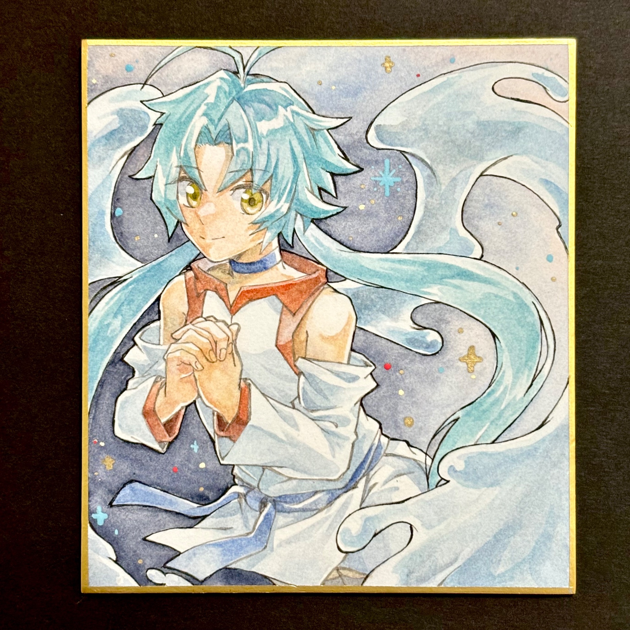 pipu 012, effect veiler, yu-gi-oh!, highres, photo (medium), traditional media, 1girl, blue hair, cowboy shot, duel monster, long hair, shikishi, shirt, skirt, solo, white shirt, white skirt, yellow eyes