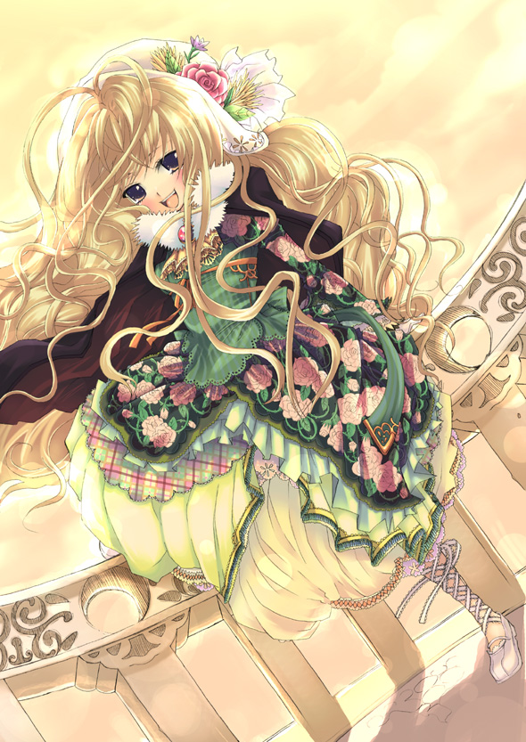 sakurai unan, original, 1girl, :d, arch, blonde hair, blue eyes, blush, building, dress, dutch angle, fantasy, female focus, floral print, flower, green dress, hair flower, hair ornament, long hair, long sleeves, looking at viewer, open mouth, pillar, smile, solo, standing