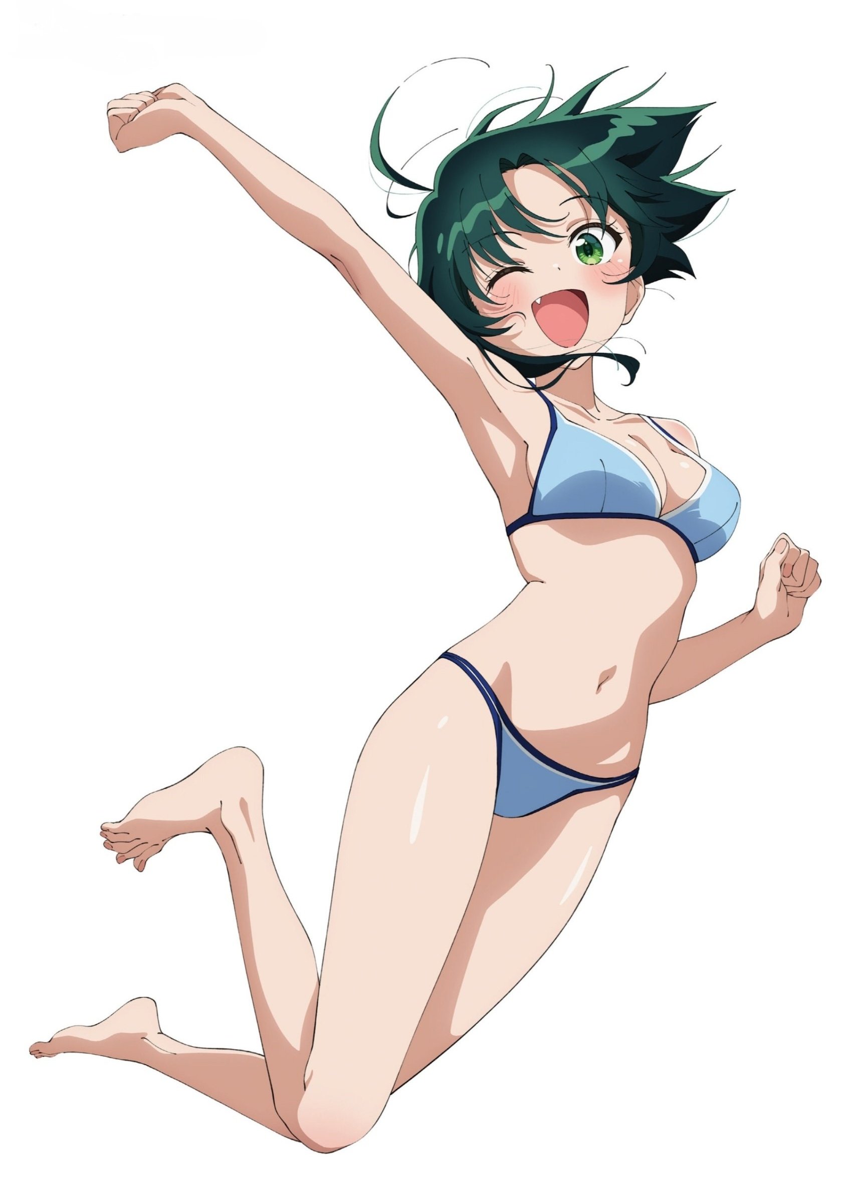 megami magazine, shiunji-ke no kodomotachi, bad link, highres, official art, tagme, 1girl, barefoot, bikini, blue bikini, blush, breasts, fang, feet, green eyes, grey hair, legs, medium breasts, navel, swimsuit, toenails, toes
