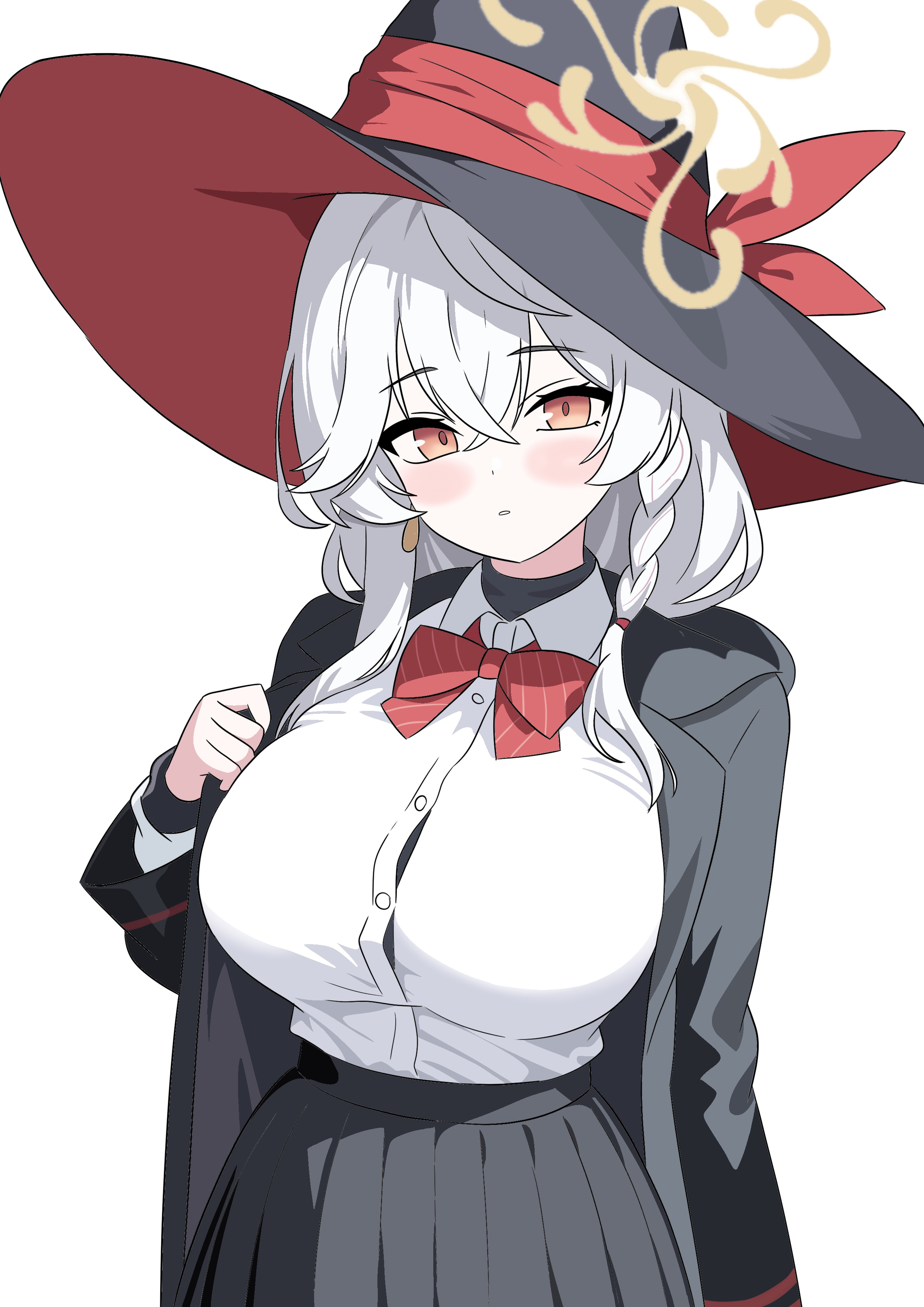 gubee, eri (blue archive), blue archive, absurdres, commentary, highres, 1girl, arm at side, black hat, black jacket, black skirt, blush, bow, bowtie, braid, breasts, brown halo, buttons, collared shirt, cowboy shot, crossed bangs, diagonal-striped bow, diagonal-striped bowtie, diagonal-striped clothes, dress shirt, earrings, grey hair, hair between eyes, halo, hand up, hat, hat ribbon, jacket, jewelry, large breasts, long hair, looking at viewer, open clothes, open jacket, orange eyes, parted lips, pleated skirt, red bow, red bowtie, red ribbon, ribbon, school uniform, shirt, sidelocks, simple background, single braid, single earring, skirt, solo, striped bow, striped bowtie, striped clothes, tilted halo, turtleneck, white background, white shirt, witch hat