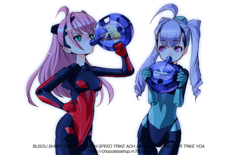 ach, choco (chocolate shop), yda, busou shinki, original, 10s, 2girls, blue bodysuit, blue hair, bodysuit, doll joints, drinking, green eyes, joints, multiple girls, pink eyes, pink hair, purple hair, twintails