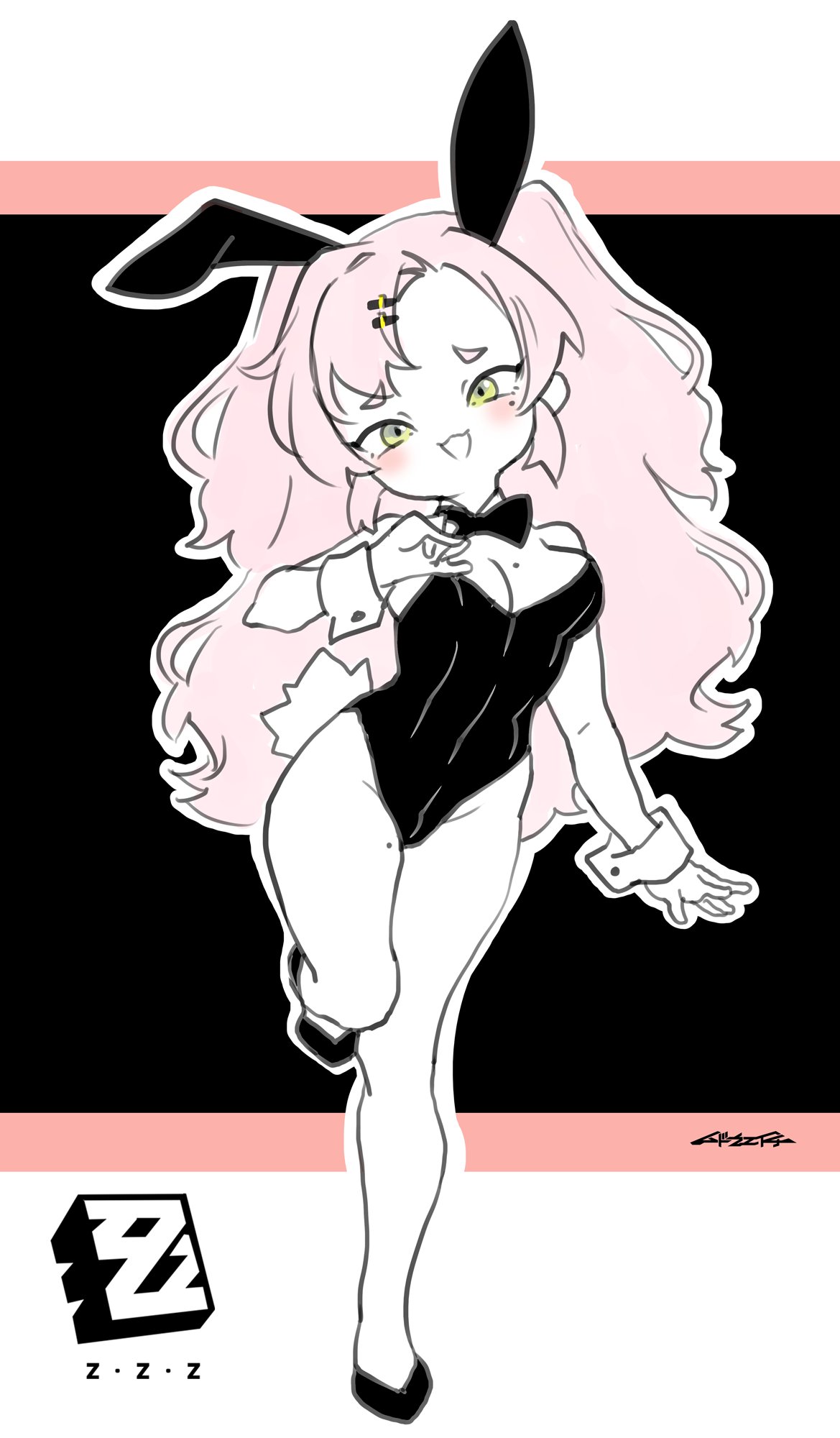 mudou eichi, nicole demara, zenless zone zero, highres, animal ears, black leotard, breasts, cleavage, green eyes, hair ornament, leotard, mole, outline, pink hair, playboy bunny, rabbit ears, rabbit hair ornament, rabbit tail, simple background, smug, solo, standing, standing on one leg, tail, white outline
