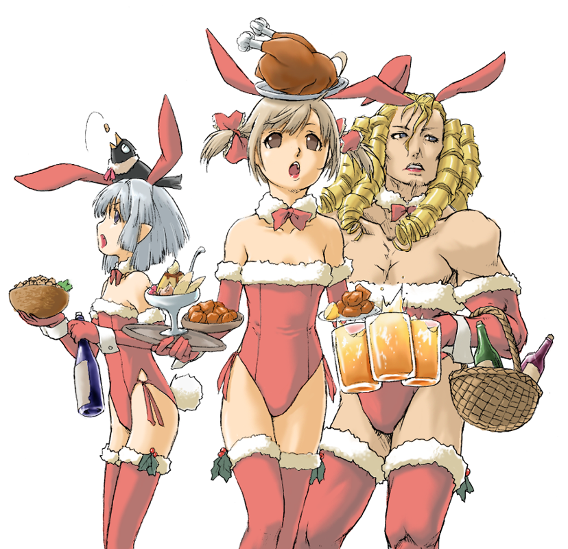 original, red legwear, 1boy, 2girls, :o, alcohol, bare shoulders, basket, beer, beer mug, blonde hair, blush, breasts, brown eyes, brown hair, christmas, cleavage, collarbone, cowboy shot, creature, crossdressing, cup, curly hair, food, fur trim, leotard, liquid, mug, multiple girls, open mouth, plant, red leotard, santa costume, small breasts, surprised, thighhighs, zettai ryouiki