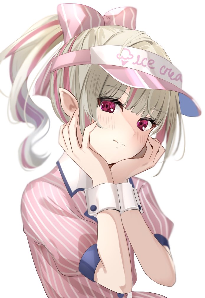 makaino ririmu, nijisanji, 1girl, blue sleeve cuffs, blue trim, blunt bangs, blurry, bow, closed mouth, colored inner hair, depth of field, drill hair, drill ponytail, fang, grey hair, hair over shoulder, hands on own cheeks, hands on own face, jacket, lapels, looking at viewer, multicolored hair, nanajishichiji, official alternate costume, official alternate hairstyle, pink bow, pink hair, pink jacket, pointy ears, puffy short sleeves, puffy sleeves, red eyes, short sleeves, sidelocks, simple background, skin fang, solo, streaked hair, striped bow, striped clothes, striped jacket, upper body, vertical-striped bow, vertical-striped clothes, vertical-striped jacket, virtual youtuber, visor cap, waitress, white background, white wrist cuffs, wrist cuffs