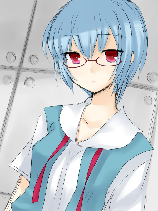 ayanami rei, neon genesis evangelion, 1girl, female focus, glasses, school uniform, serafuku, solo