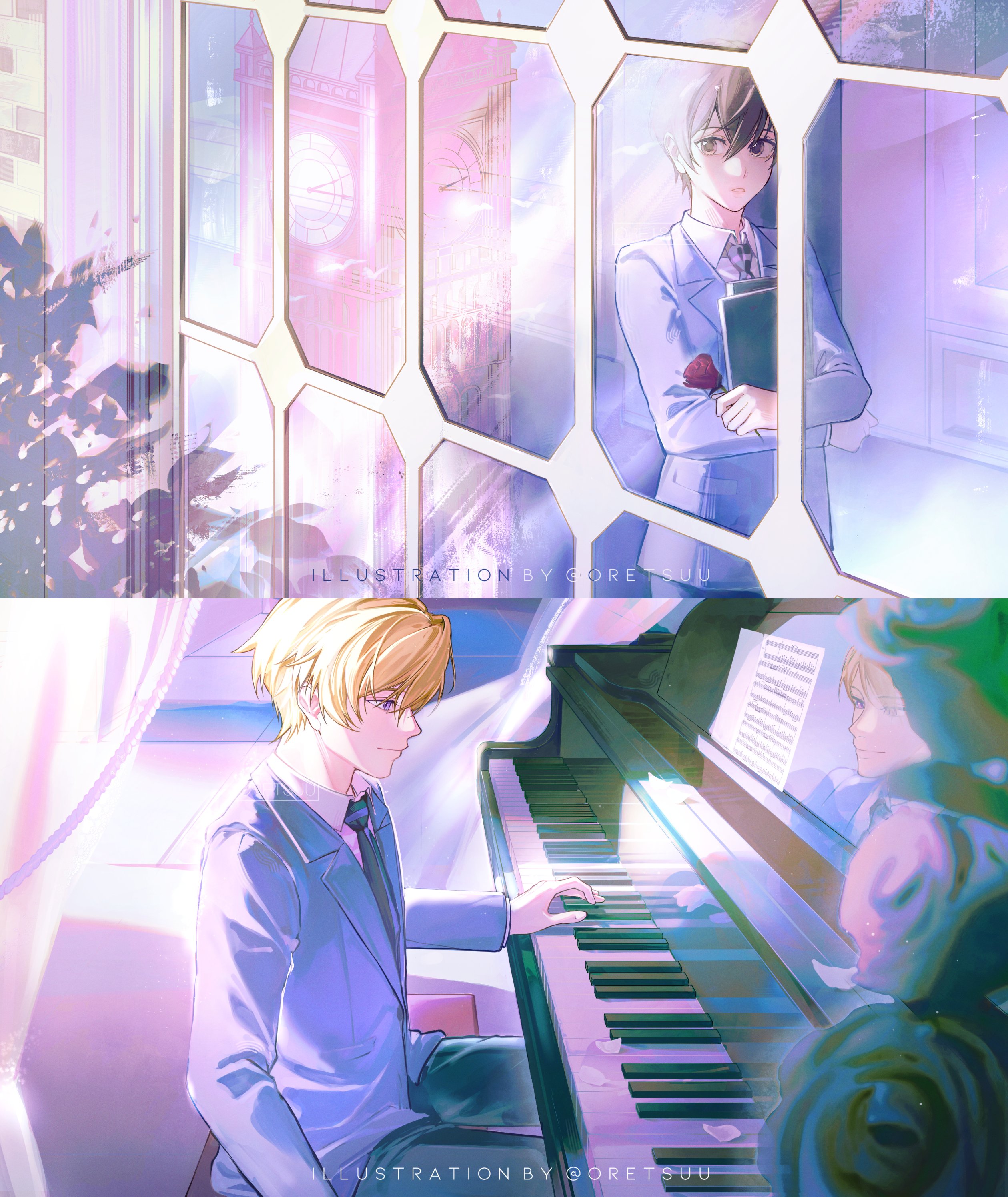 oretsuu, fujioka haruhi, suou tamaki, ouran high school host club, absurdres, commentary, english commentary, highres, 1boy, 1girl, artist name, blonde hair, brown hair, flower, hair between eyes, holding, holding flower, instrument, music, petals, piano, playing instrument, playing piano, profile, red flower, red rose, reflection, rose