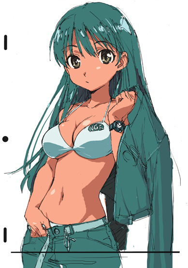 takamura kazuhiro, original, belt, bikini, bikini top only, green hair, jacket, jacket over shoulder, midriff, solo, swimsuit, unworn jacket
